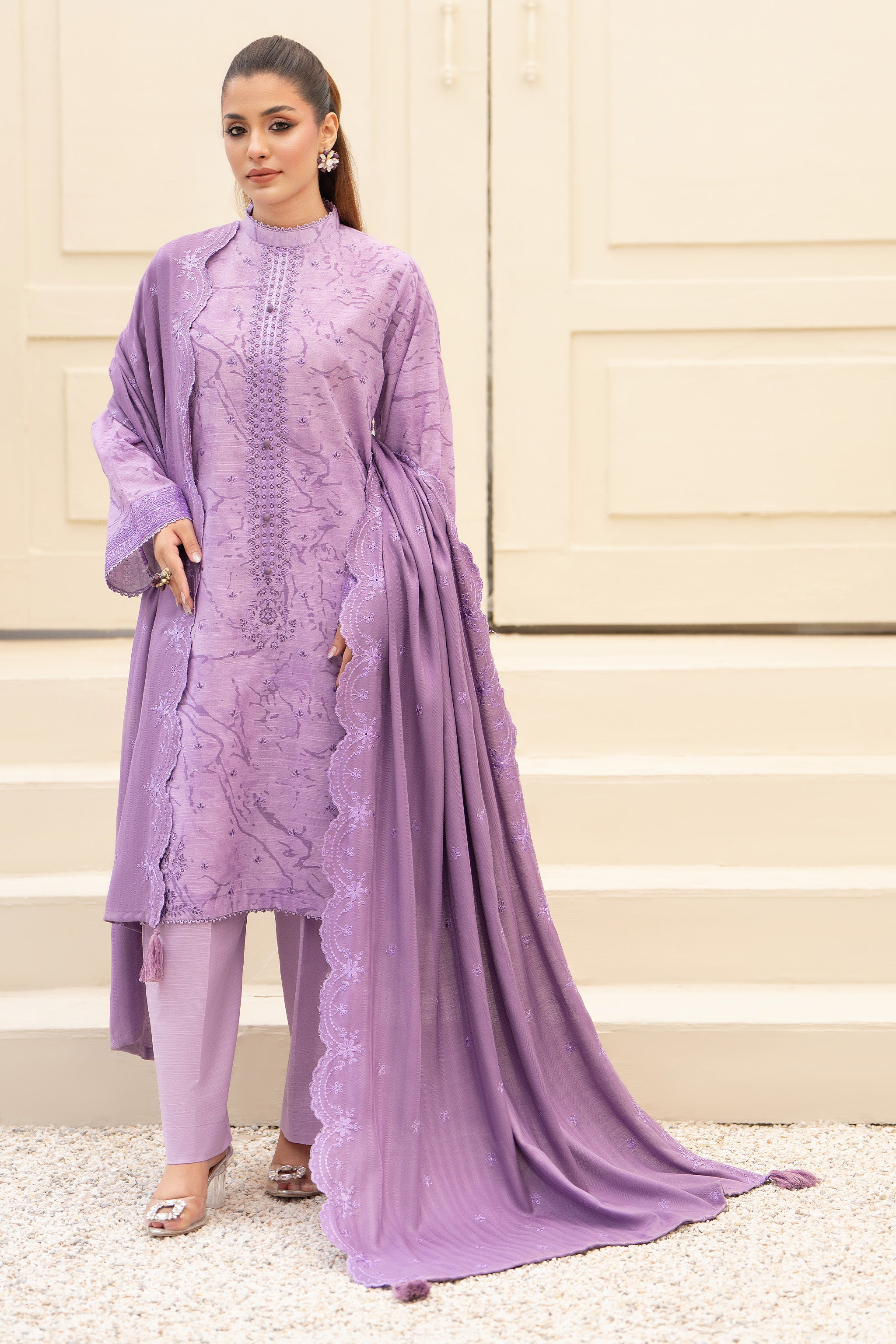 3 Piece Unstitched Embroidered Trendy Pink Khaddar Secondary image