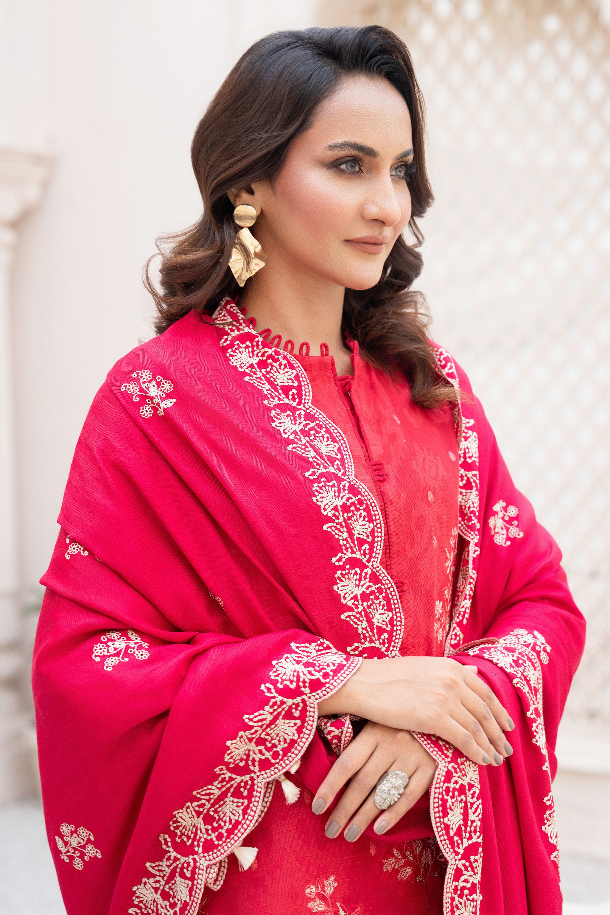 3 Piece Unstitched Embroidered Wine Red Khaddar