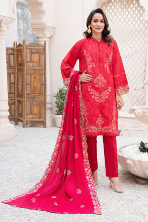3 Piece Unstitched Embroidered Wine Red Khaddar