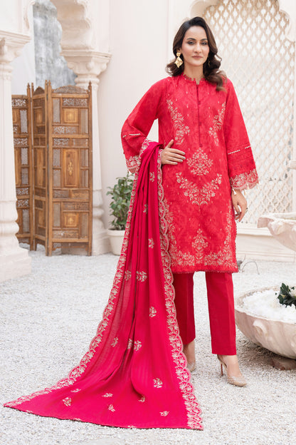 3 Piece Unstitched Embroidered Wine Red Khaddar