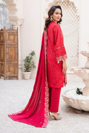 3 Piece Unstitched Embroidered Wine Red Khaddar