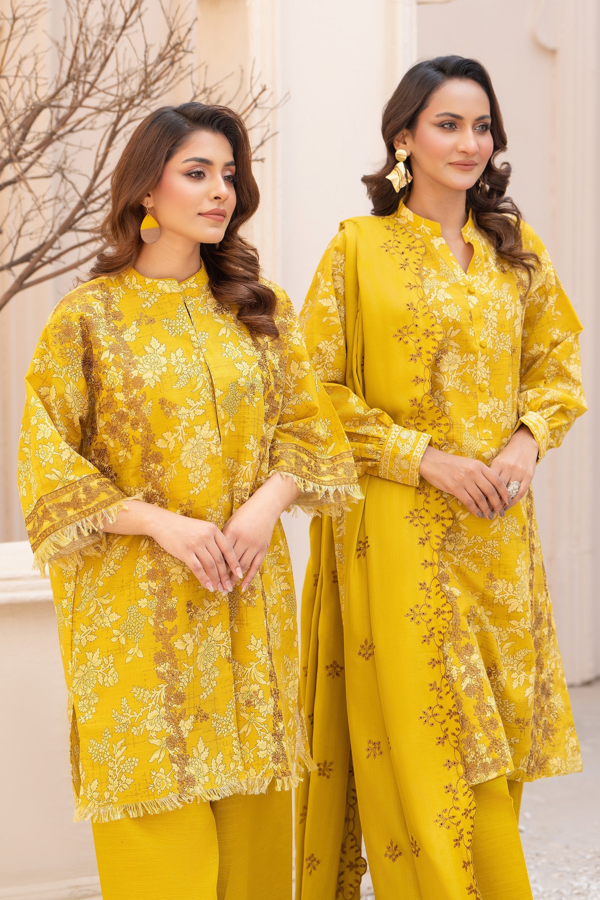 3 Piece Unstitched Embroidered Yellow Khaddar