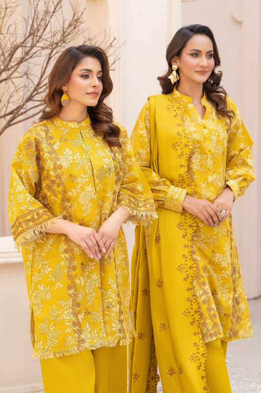 3 Piece Unstitched Embroidered Yellow Khaddar