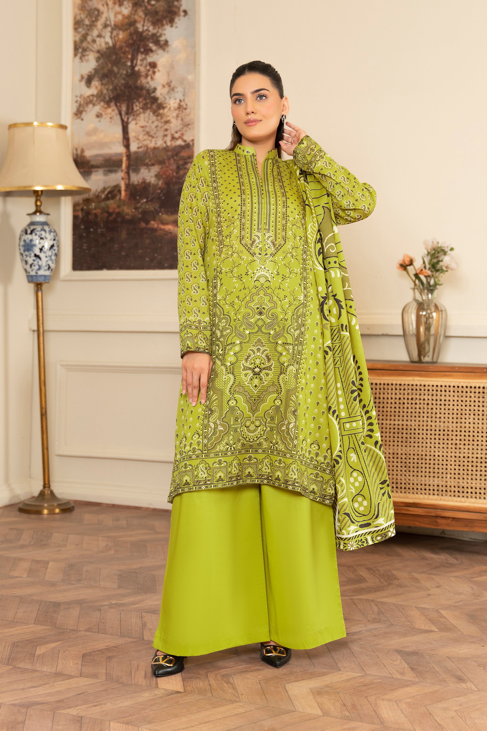 3 Piece Unstitched Green Printed Lawn Secondary image