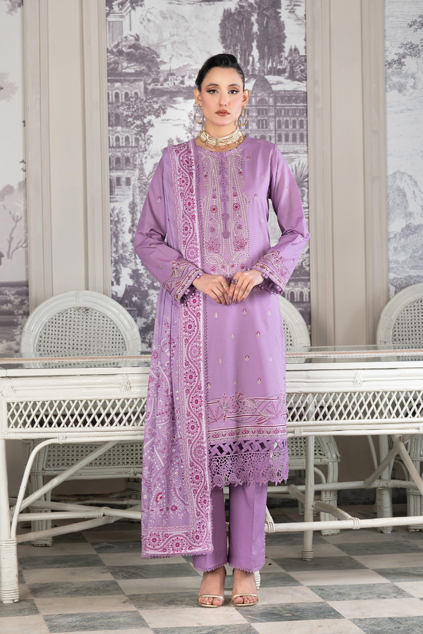 3 Piece Unstitched Lavender Luxury Embroidered Lawn Suit