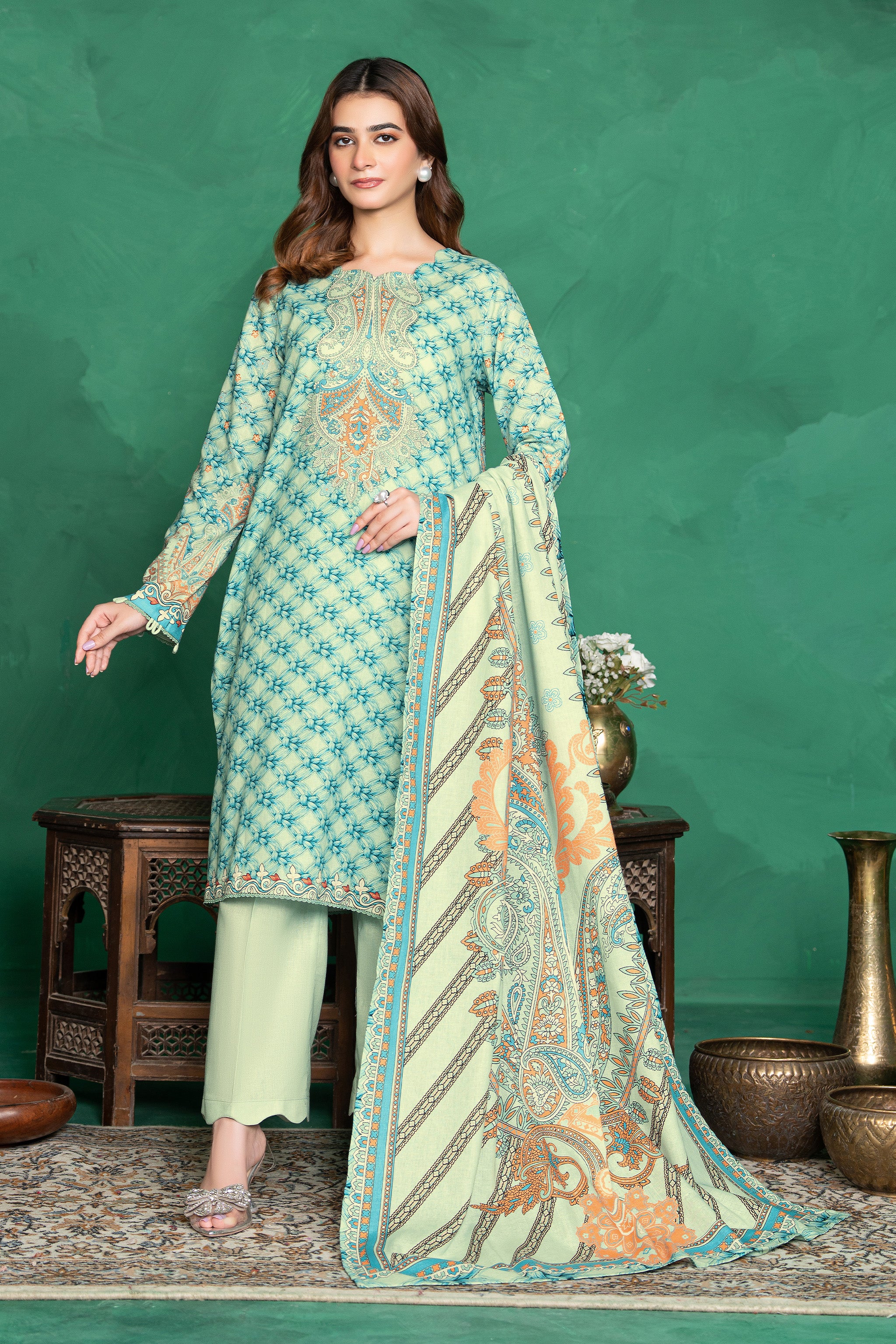 3 Piece Unstitched Lime Green Printed Cotton Secondary image