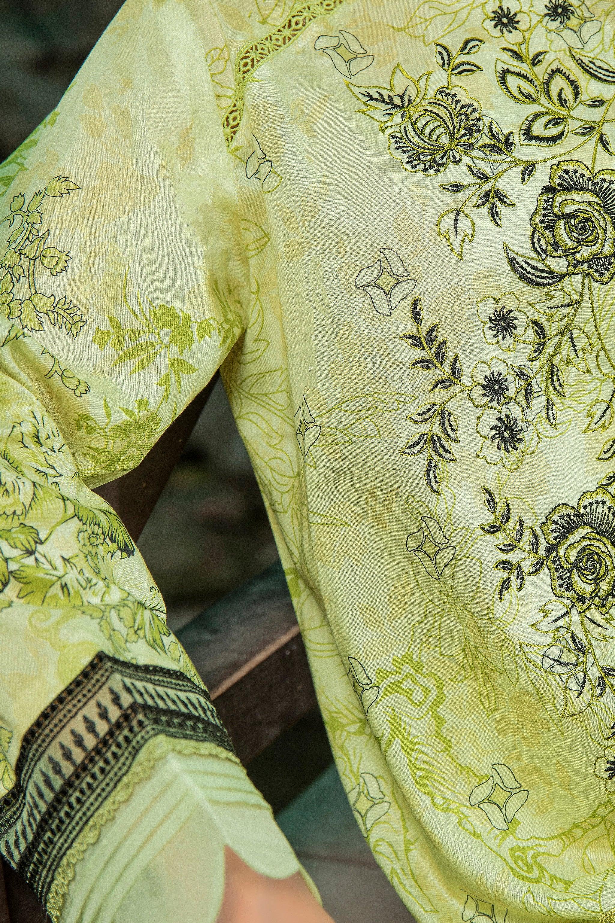 3 Piece Unstitched Lime Green Embroidered Lawn - SafaNoor
