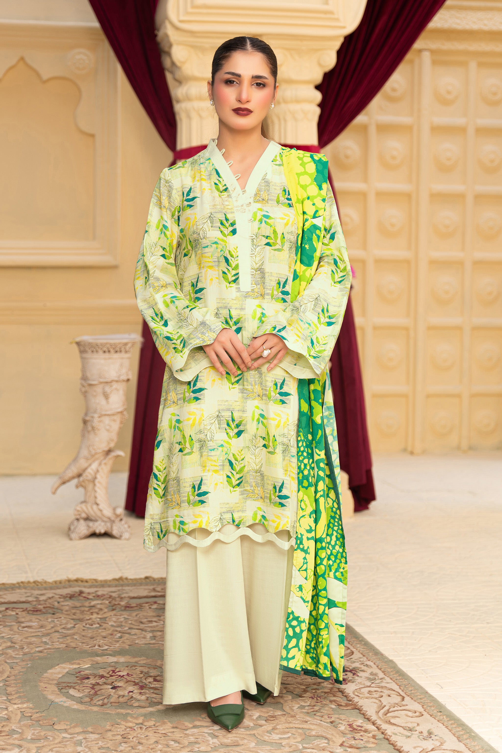 3 Piece Unstitched Lime Green Printed Linen Secondary image