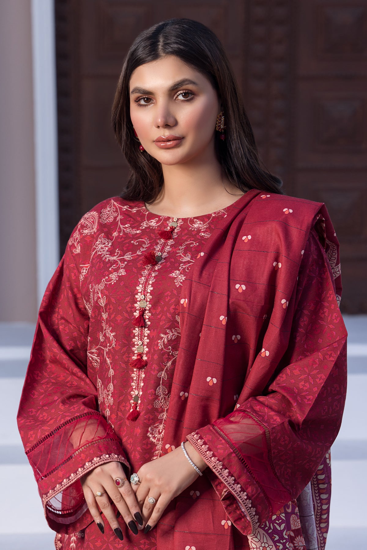 3 Piece Unstitched Maroon Embroidered Khaddar - (Vol-115/08)D2 - SAFANOOOR Main image