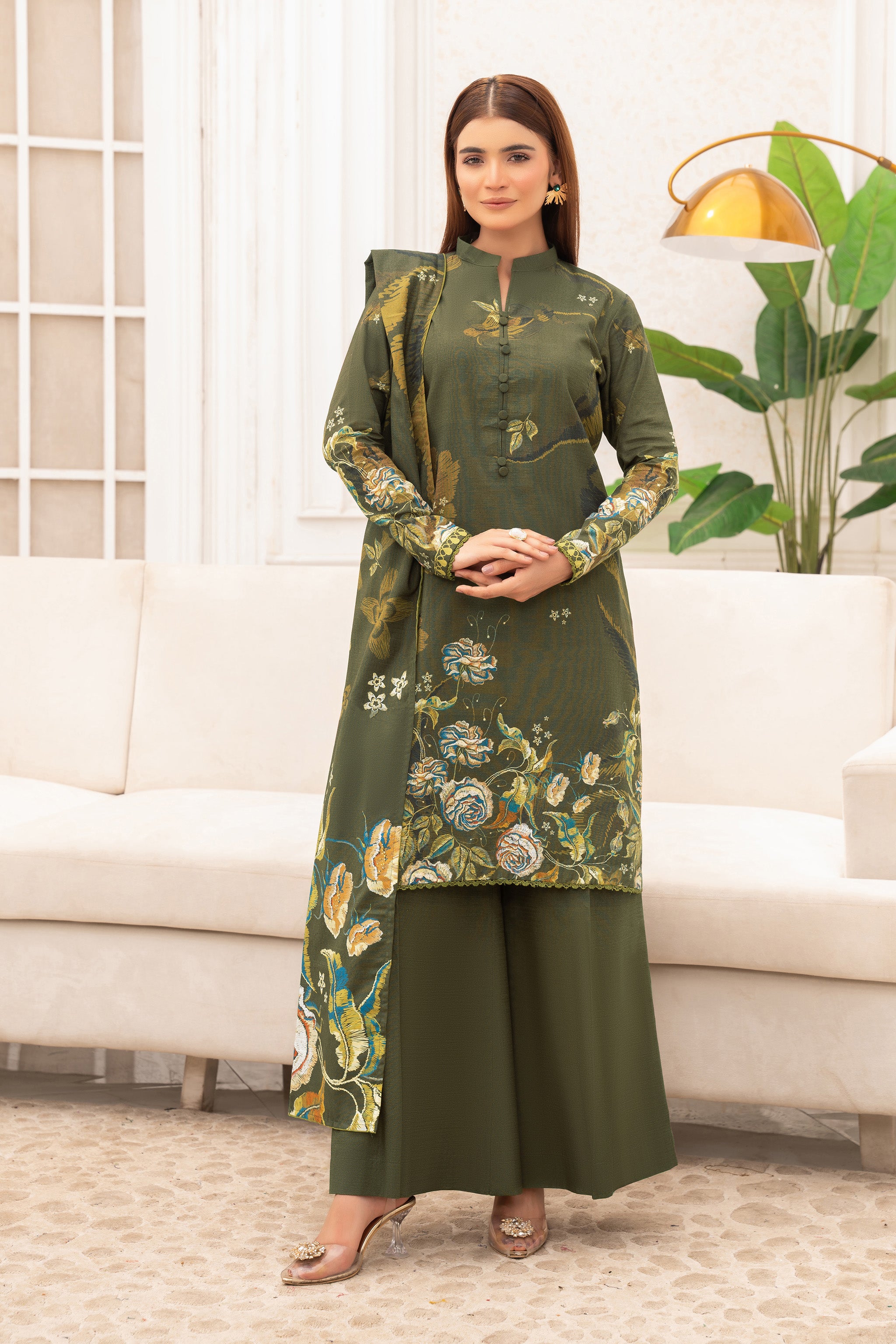 3 Piece Unstitched Moss Green Premium Khaddar Secondary image