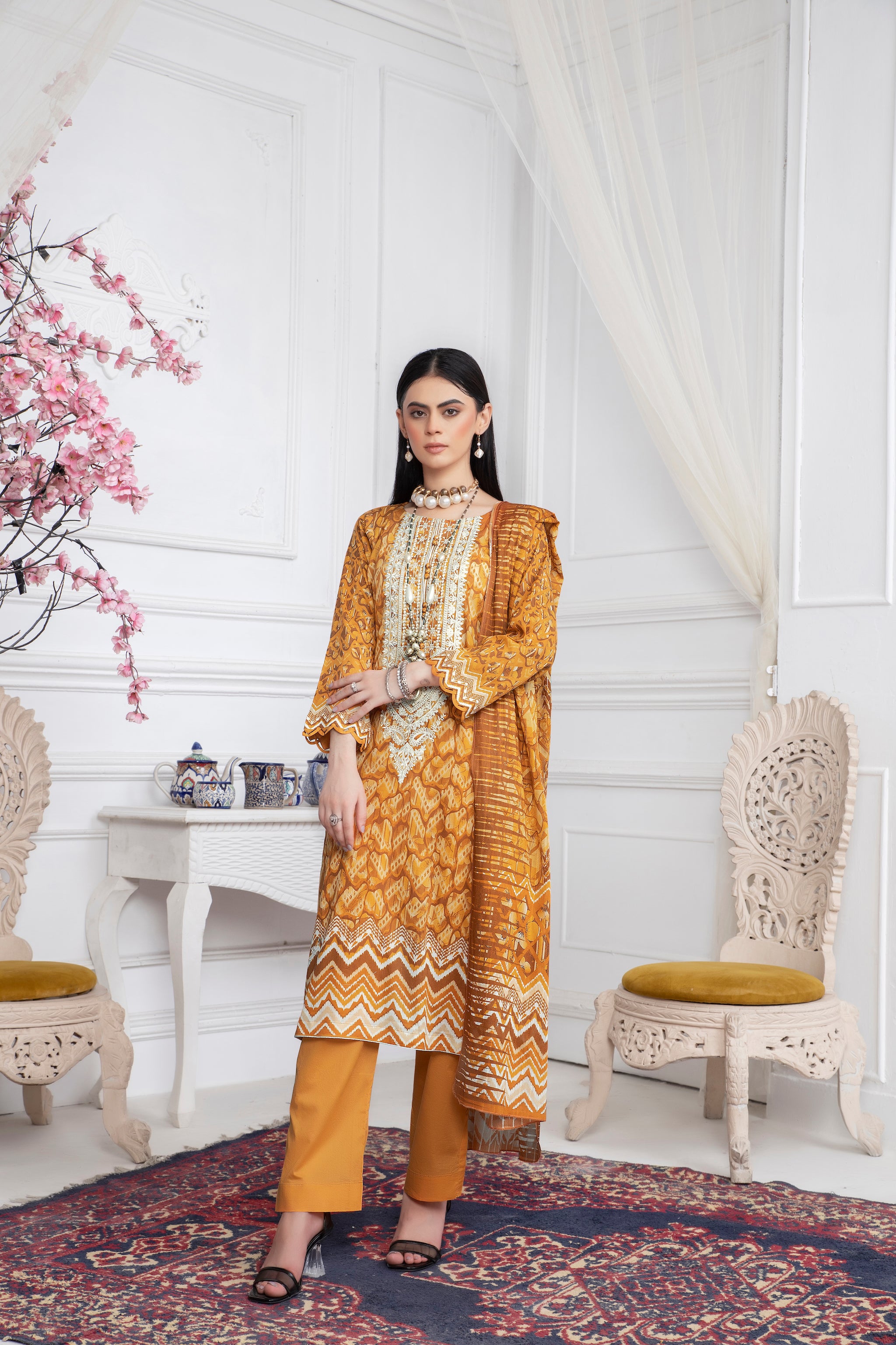 3 Piece Unstitched Mustard Embroidered Lawn - (Vol-67/17)3P-S-24-D-12 - SAFANOOR