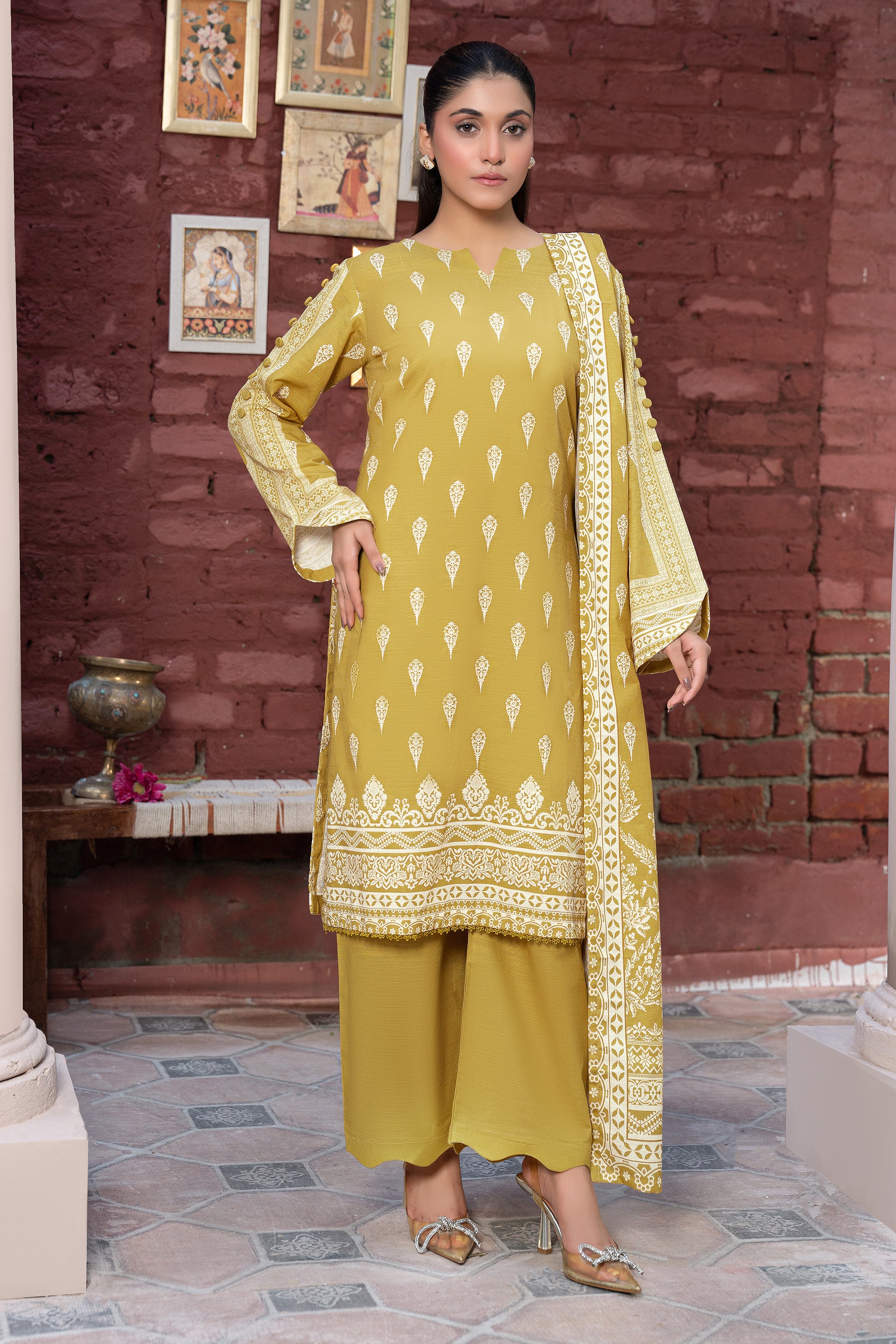 3 Piece Unstitched Mustard Printed Khaddar Secondary image