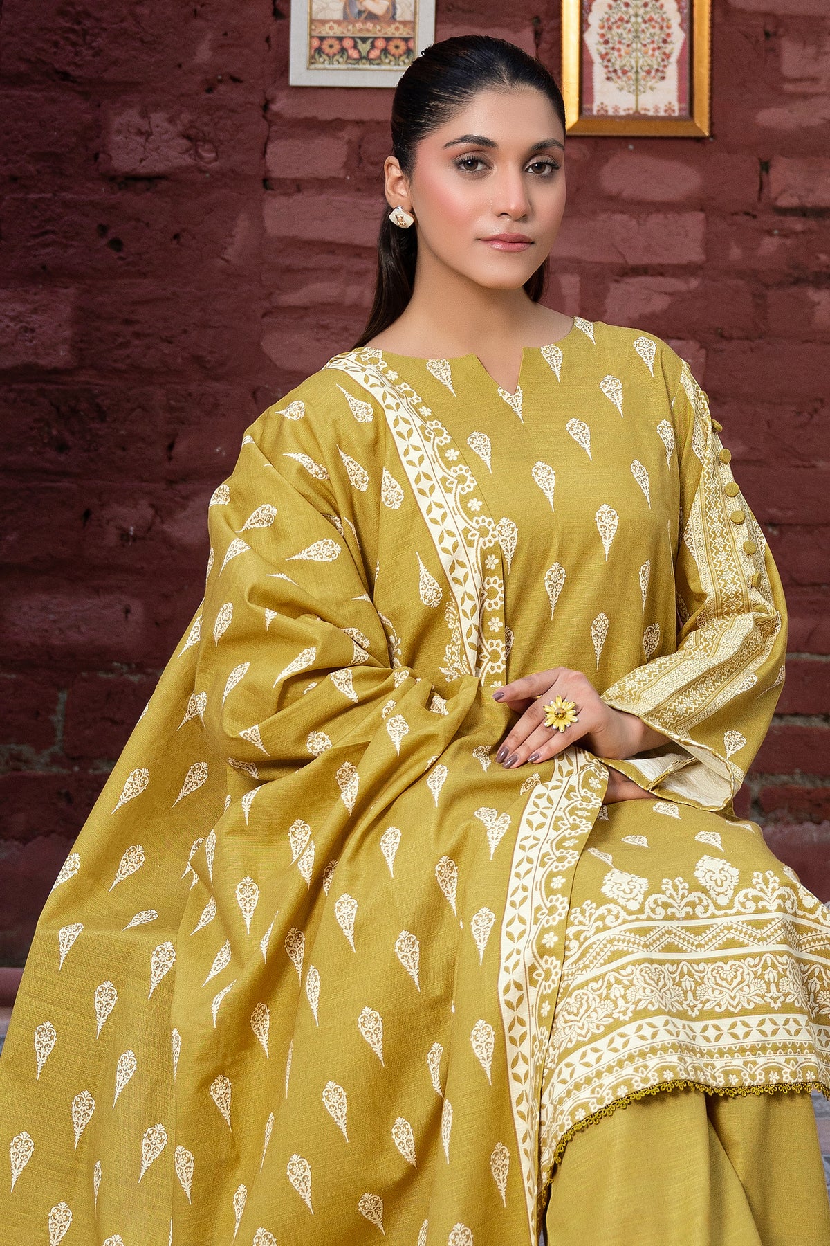 3 Piece Unstitched Mustard Printed Khaddar - (Vol-111/11)D2 - SAFANOOOR Main image