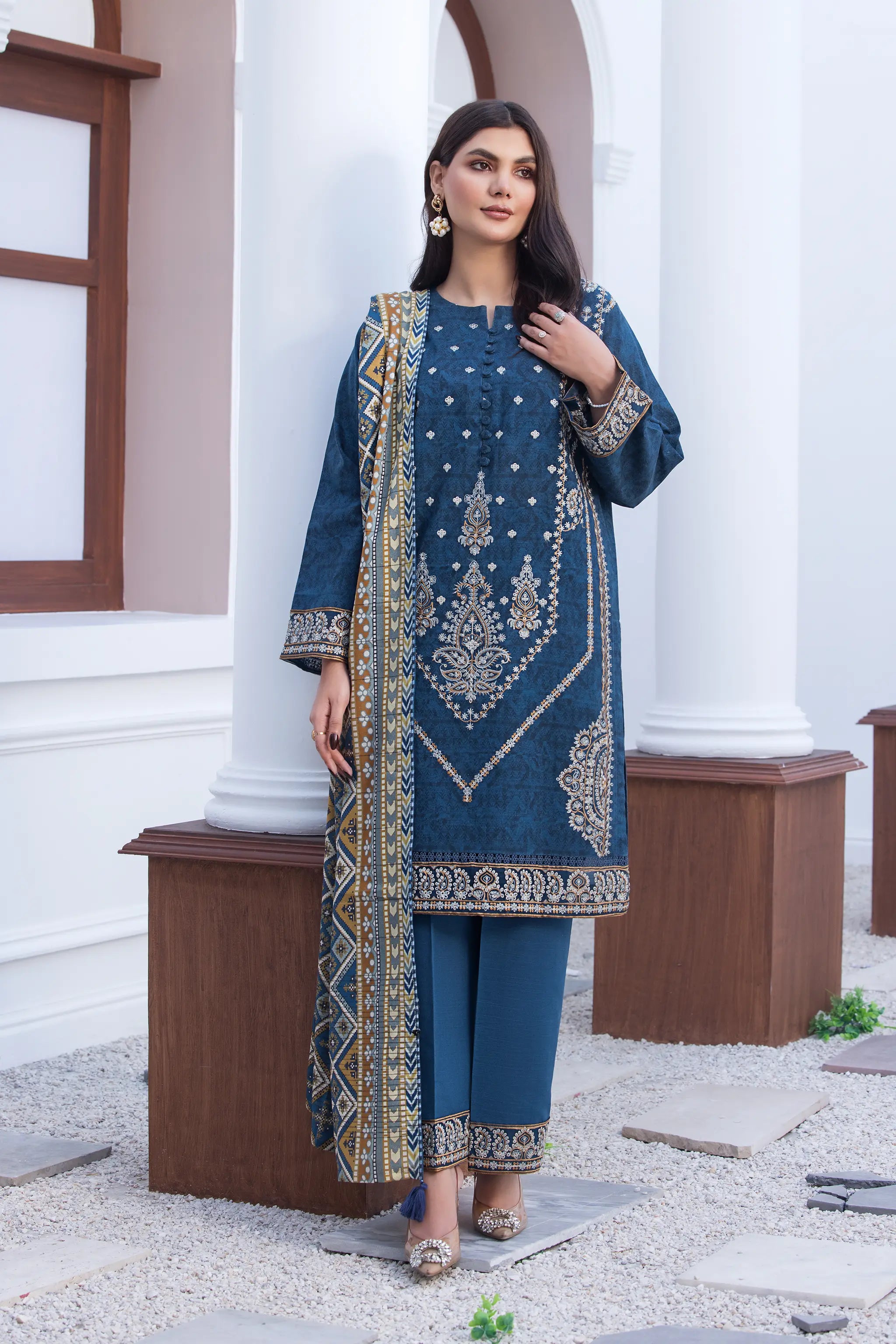 3 Piece Unstitched Naps khaddar Nile Blue Suit - Safa Noor