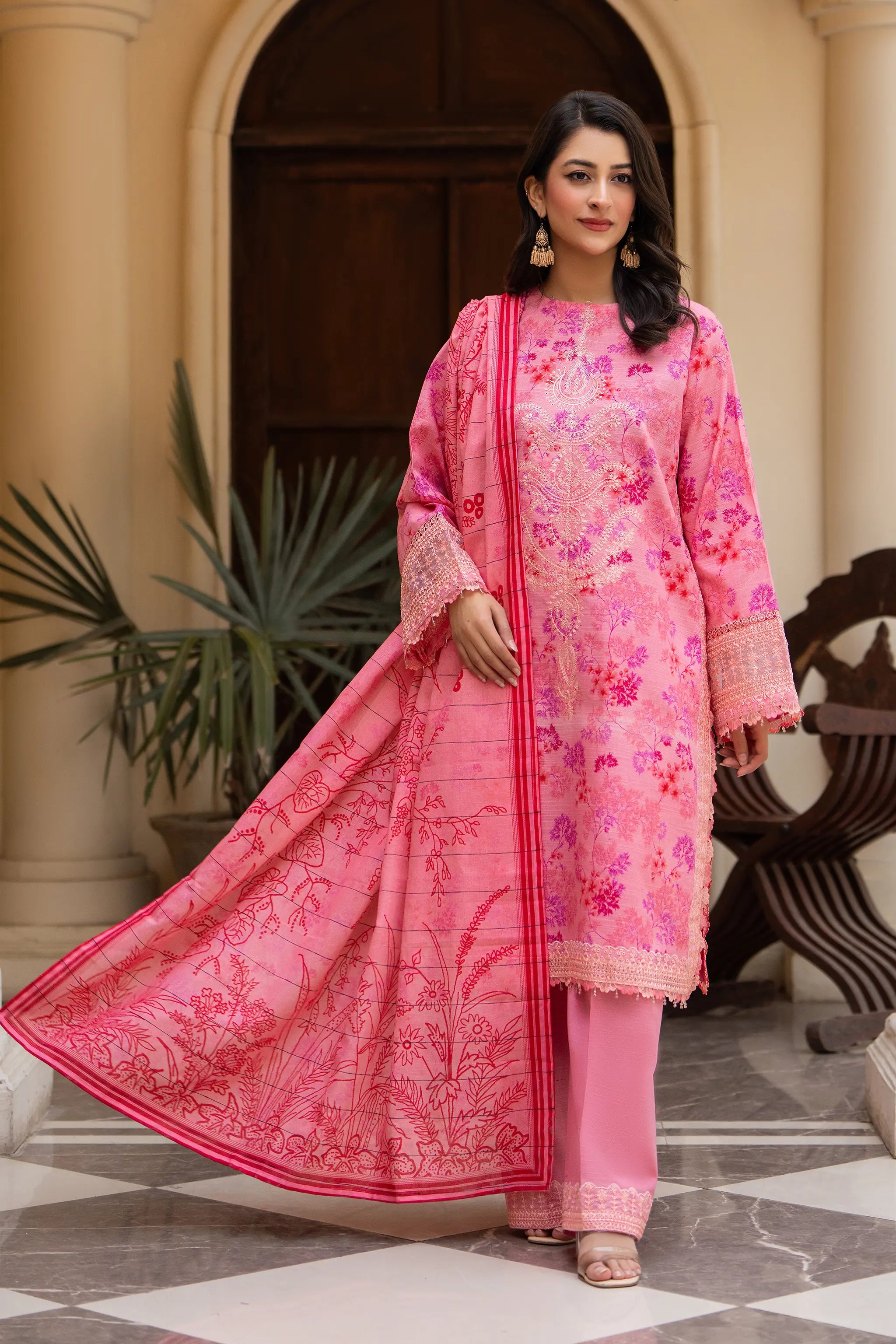 3 Piece Unstitched Naps khaddar Rose Pink Suit Secondary image
