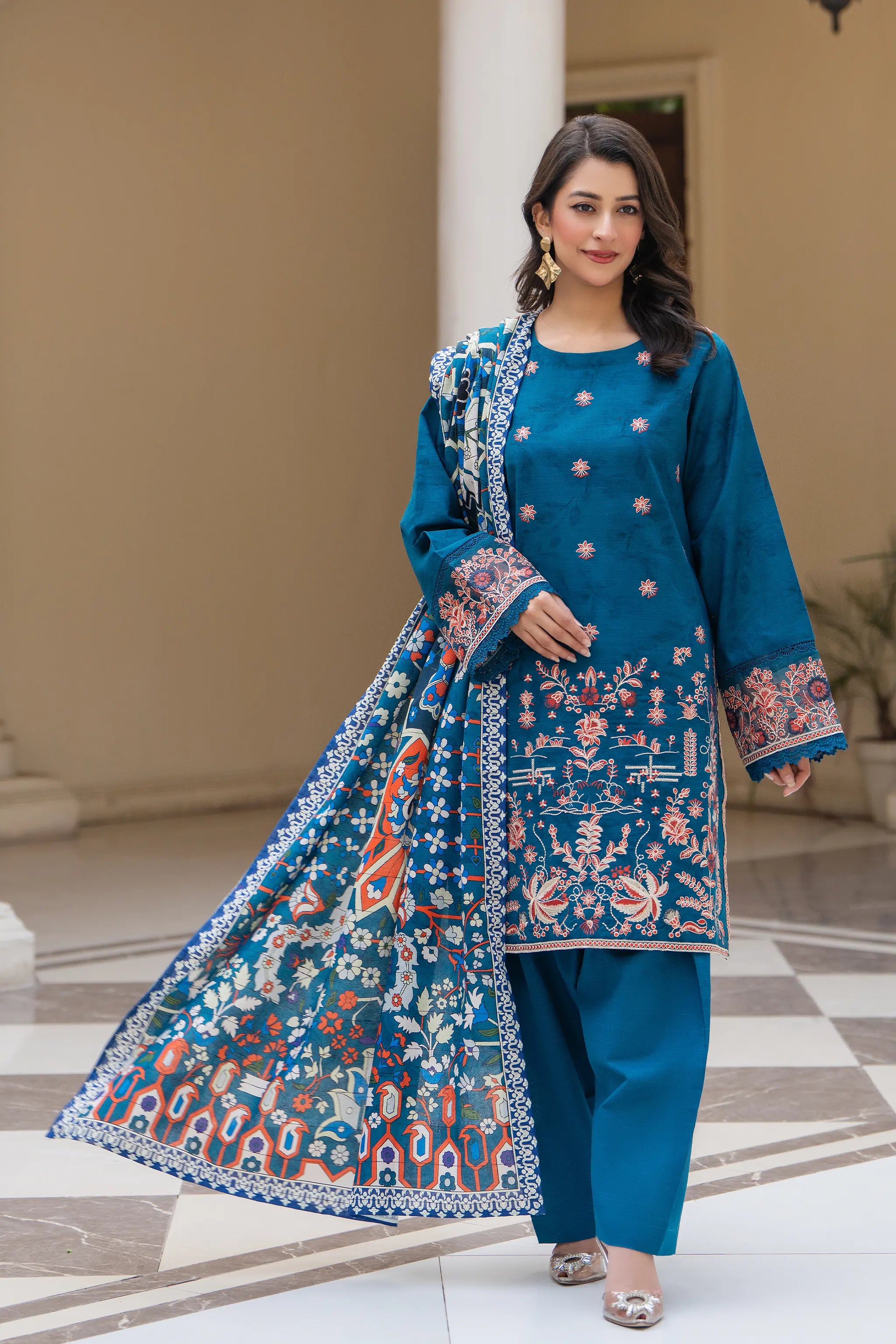 3 Piece Unstitched Naps khaddar Sea Blue Suit - Safa Noor