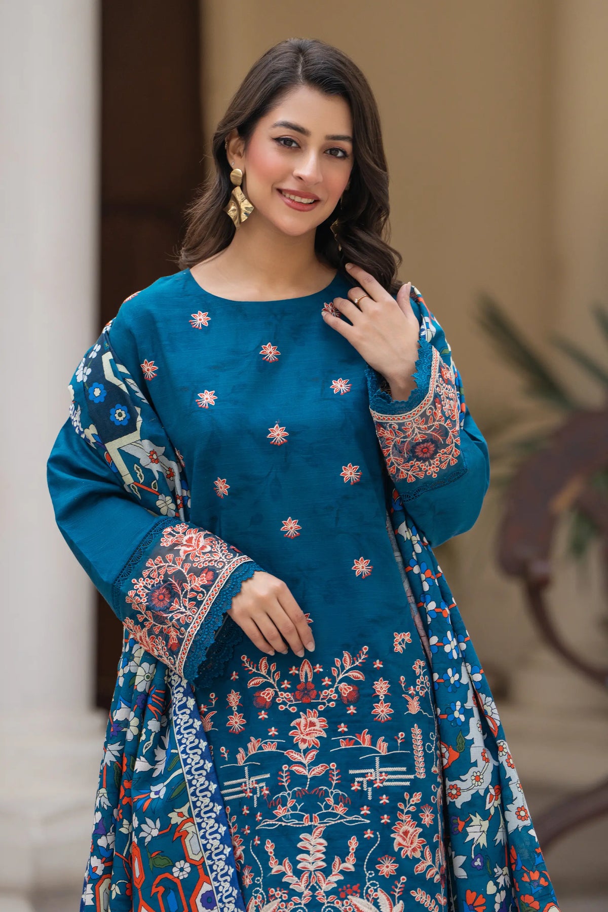 3 Piece Unstitched Naps khaddar Sea Blue Suit - Safa Noor