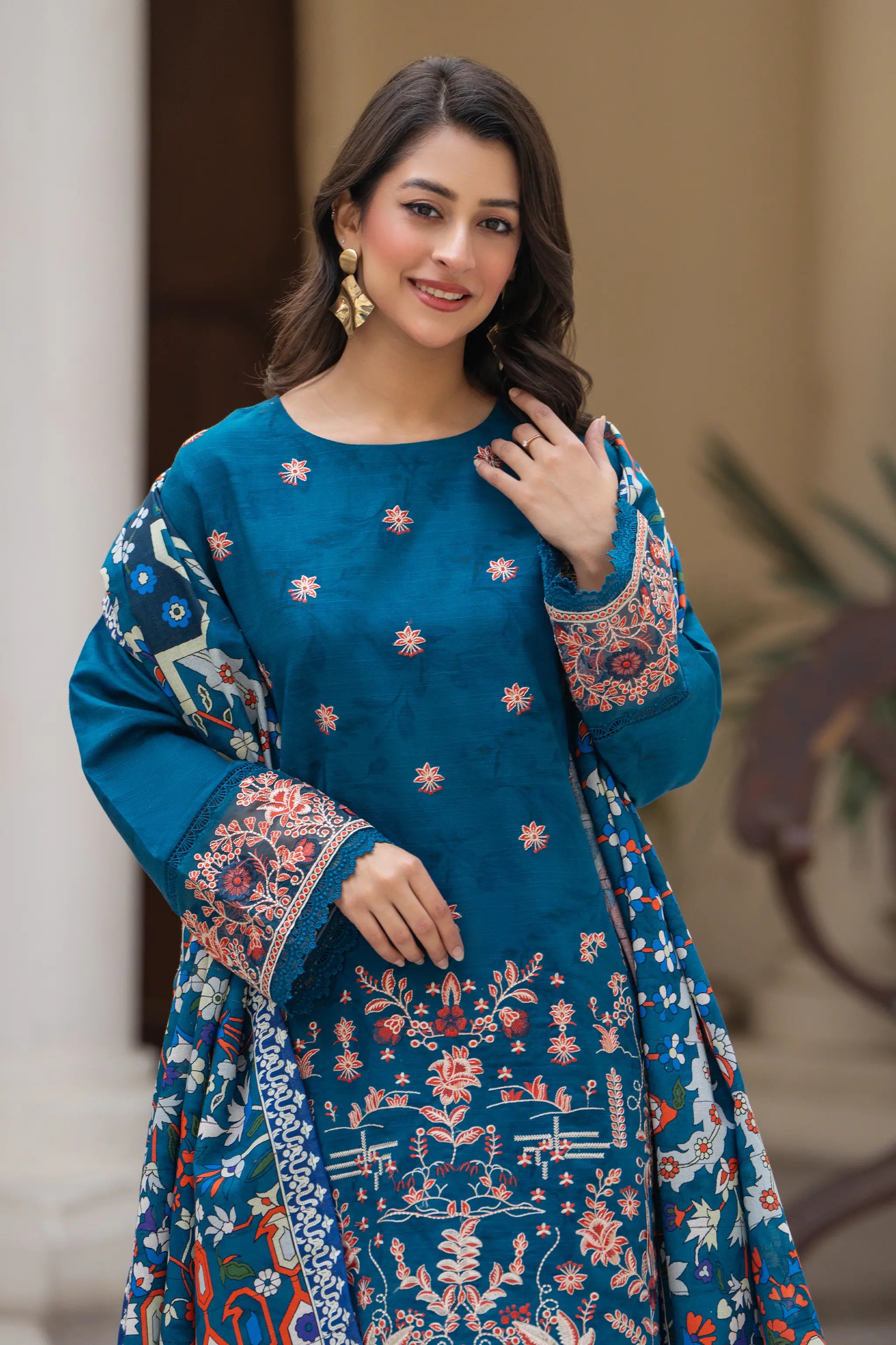 3 Piece Unstitched Naps khaddar Sea Blue Suit - Safa Noor