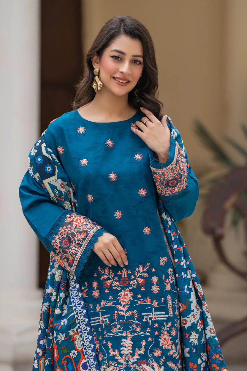 3 Piece Unstitched Naps khaddar Sea Blue Suit - Safa Noor Main image