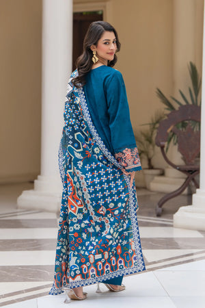 3 Piece Unstitched Naps khaddar Sea Blue Suit - Safa Noor
