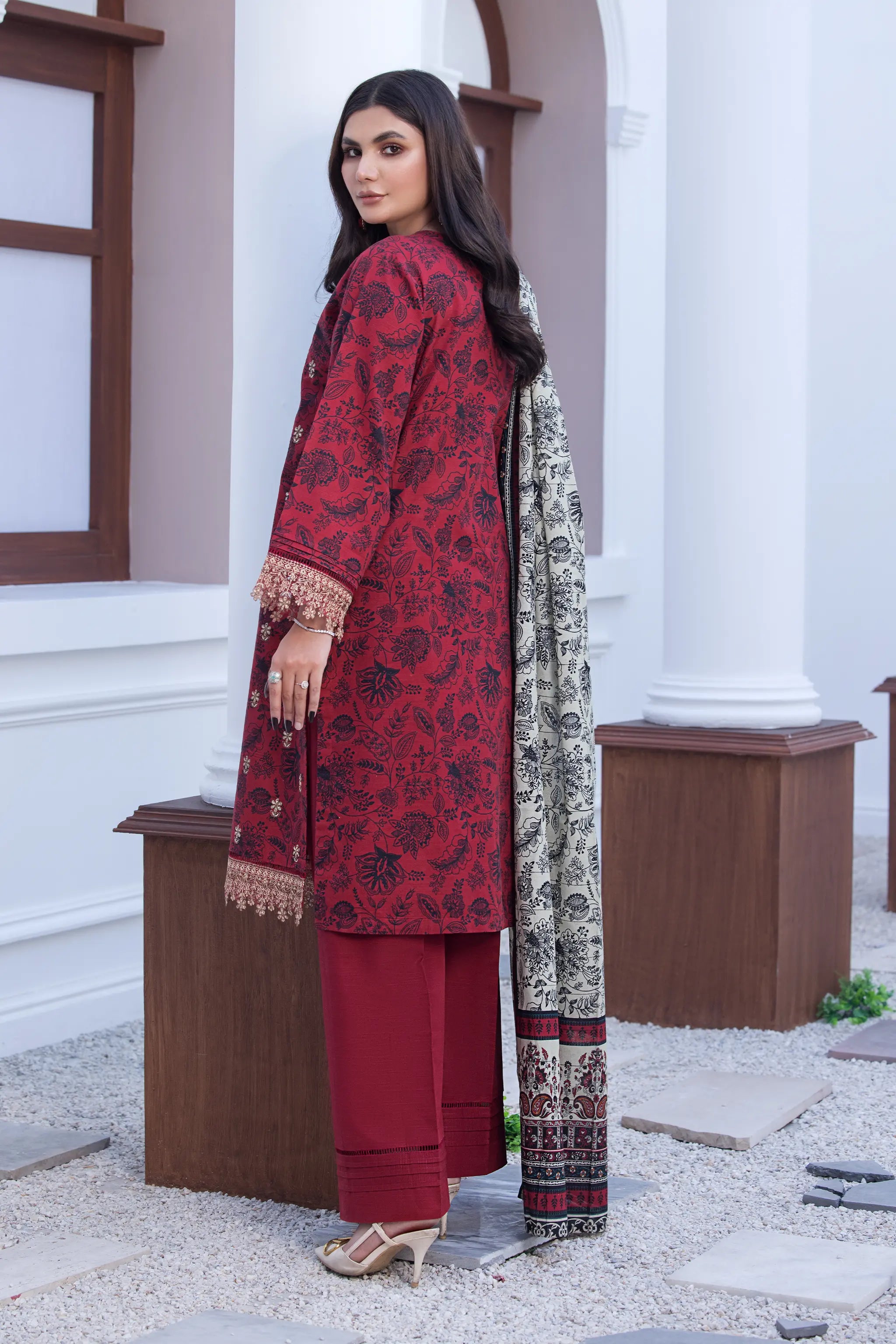 3 Piece Unstitched Naps khaddar Wine Red Suit - Safa Noor