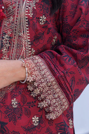 3 Piece Unstitched Naps khaddar Wine Red Suit - Safa Noor