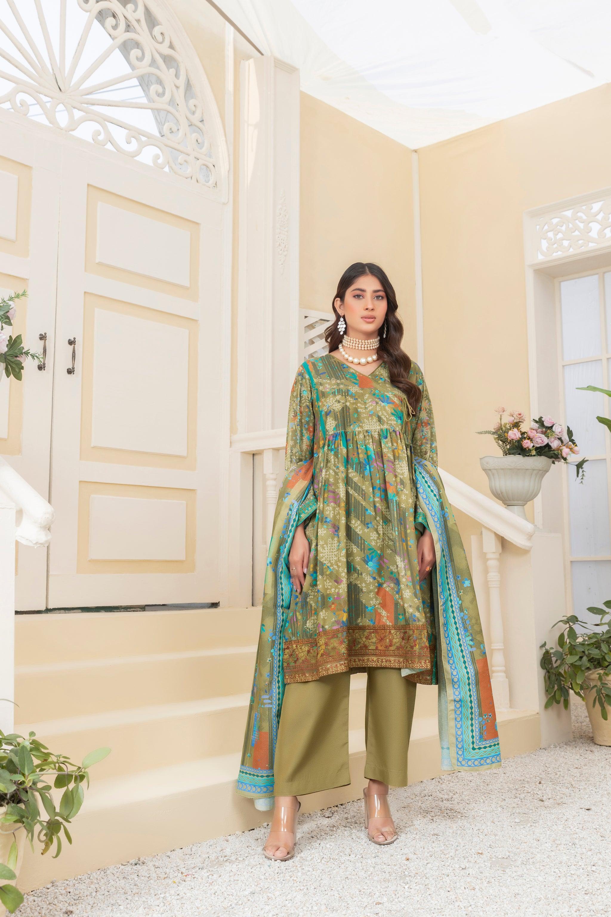 3 Piece Unstitched Olive Embroidered Karandi - (Vol-64/10)3P-W-23-D-9 - SAFANOOR