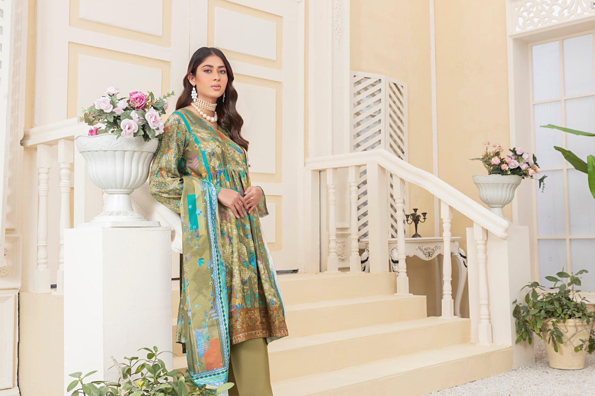 3 Piece Unstitched Olive Embroidered Karandi - (Vol-64/10)3P-W-23-D-9 - SAFANOOR