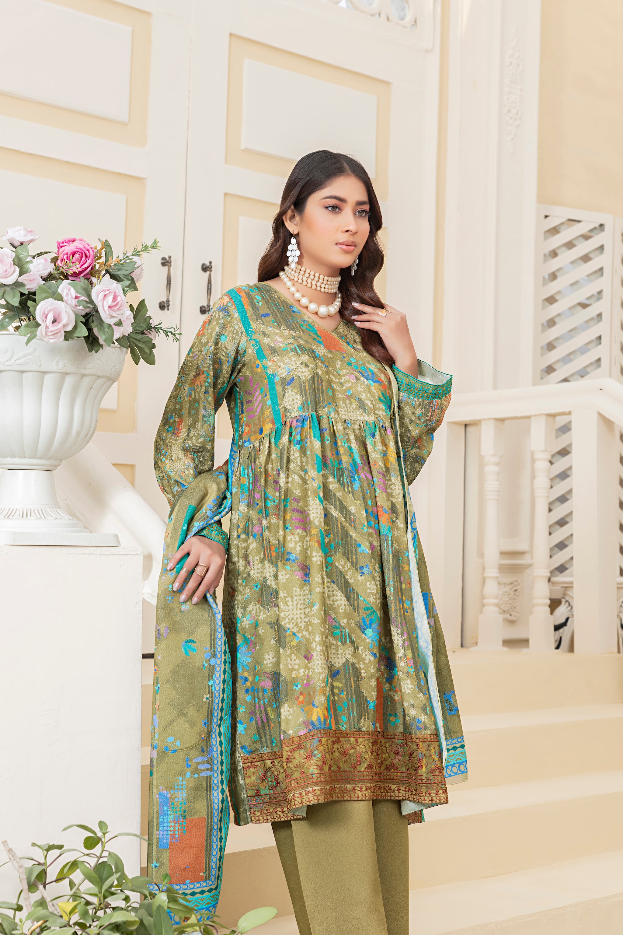 3 Piece Unstitched Olive Embroidered Karandi - (Vol-64/10)3P-W-23-D-9 - SAFANOOR