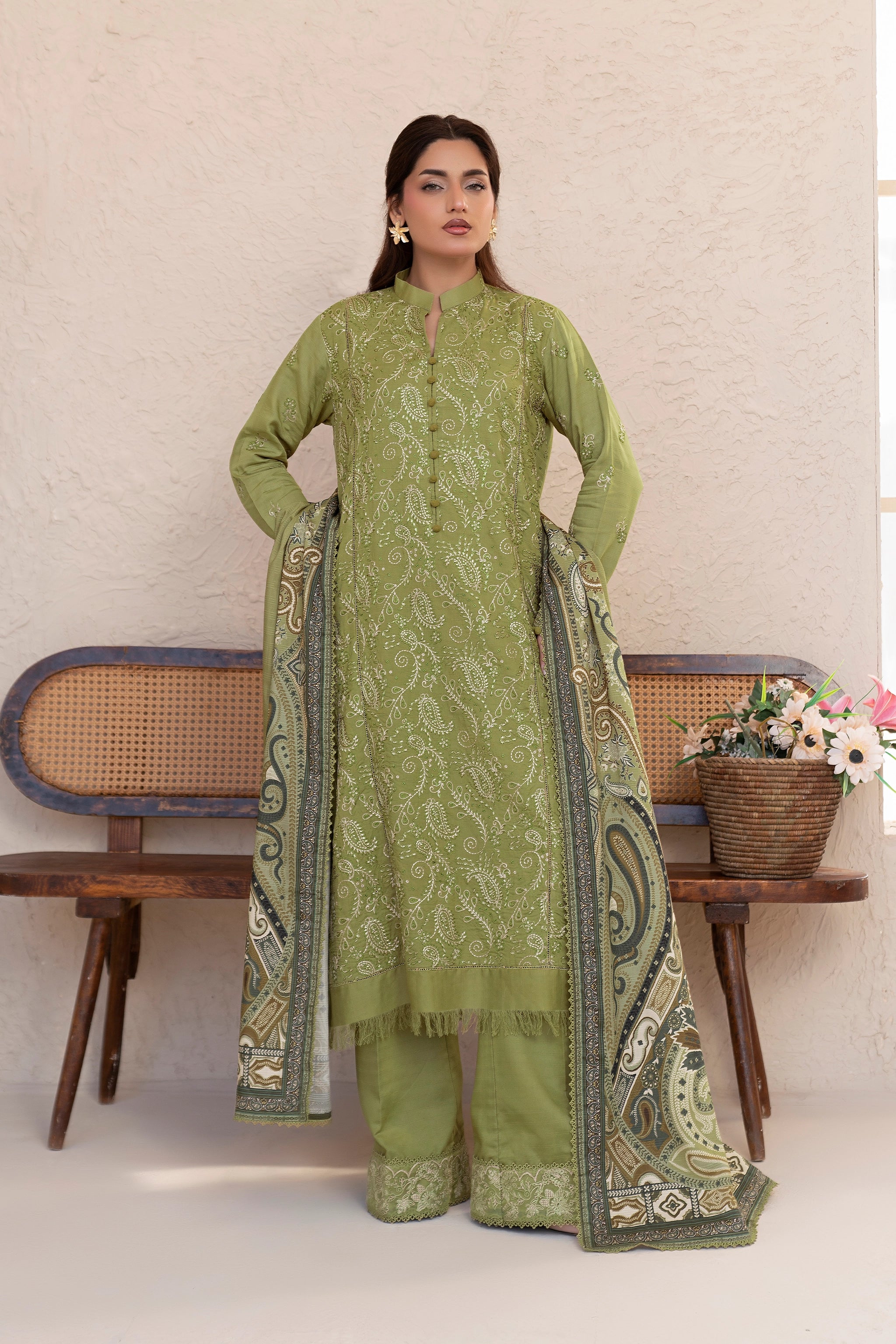 3 Piece Unstitched Olive Green Premium Embroidered Lawn - Safa Noor