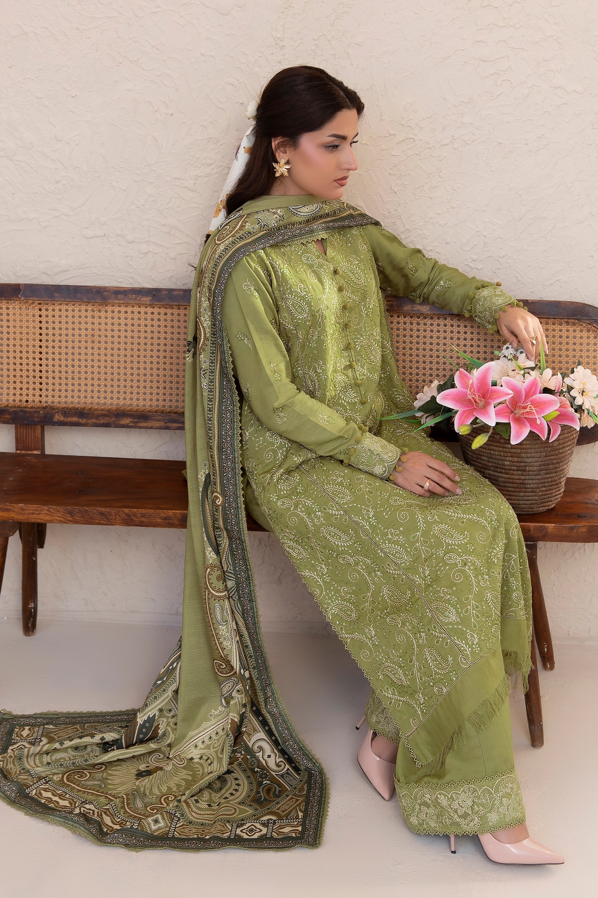3 Piece Unstitched Olive Green Premium Embroidered Lawn - Safa Noor