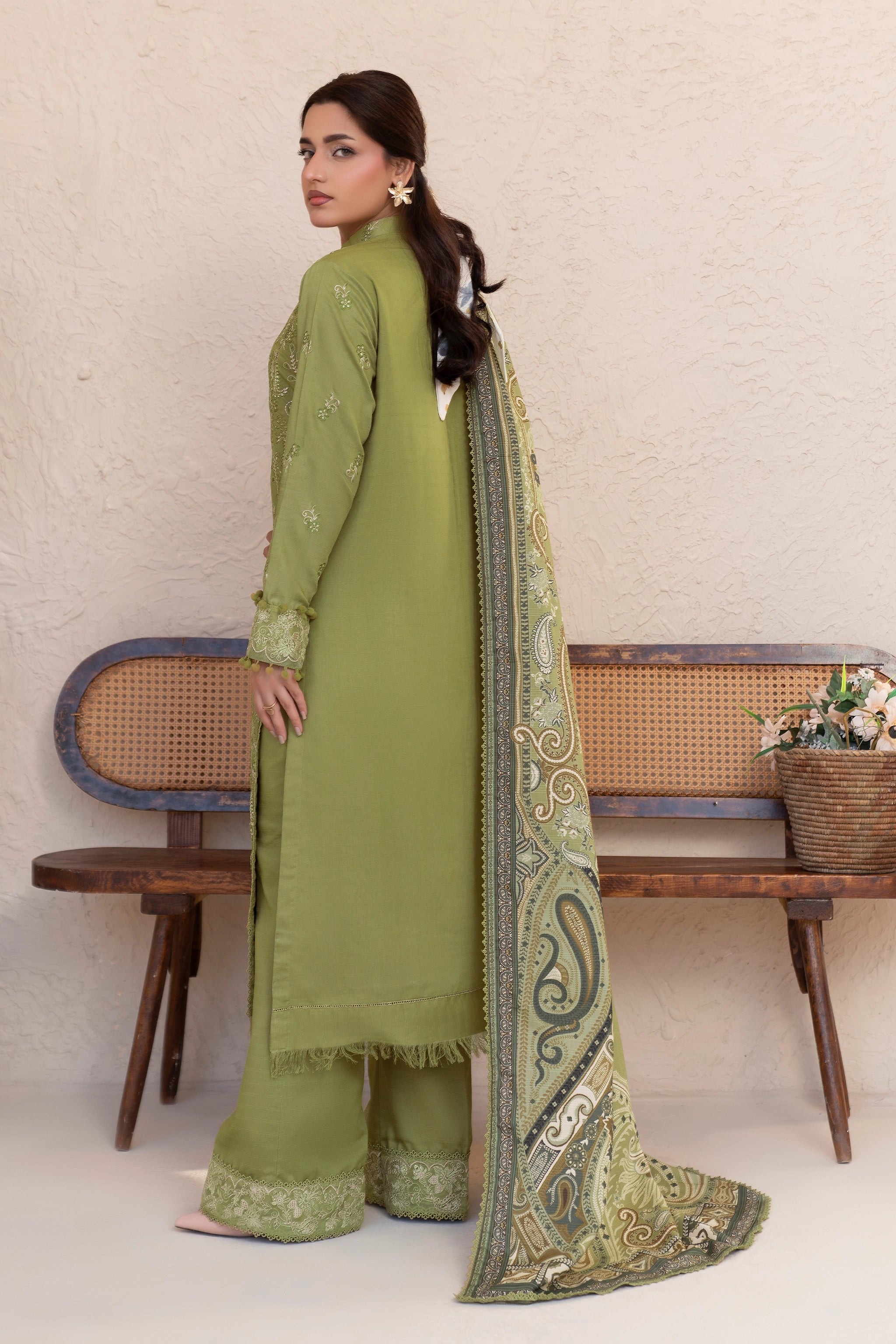 3 Piece Unstitched Olive Green Premium Embroidered Lawn - Safa Noor