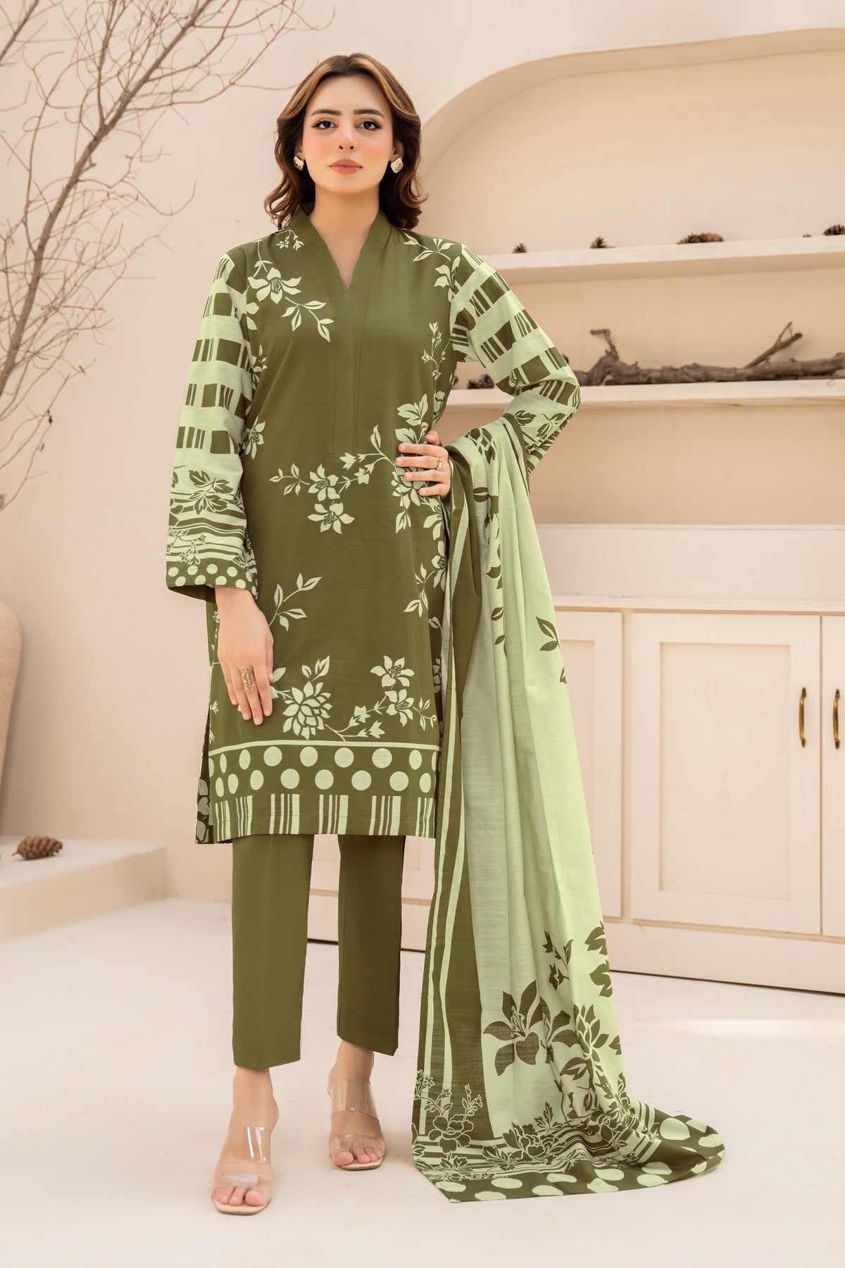 3 Piece Unstitched Olive Green Printed Khaddar - (Vol-111/10)D7 - SAFANOOOR
