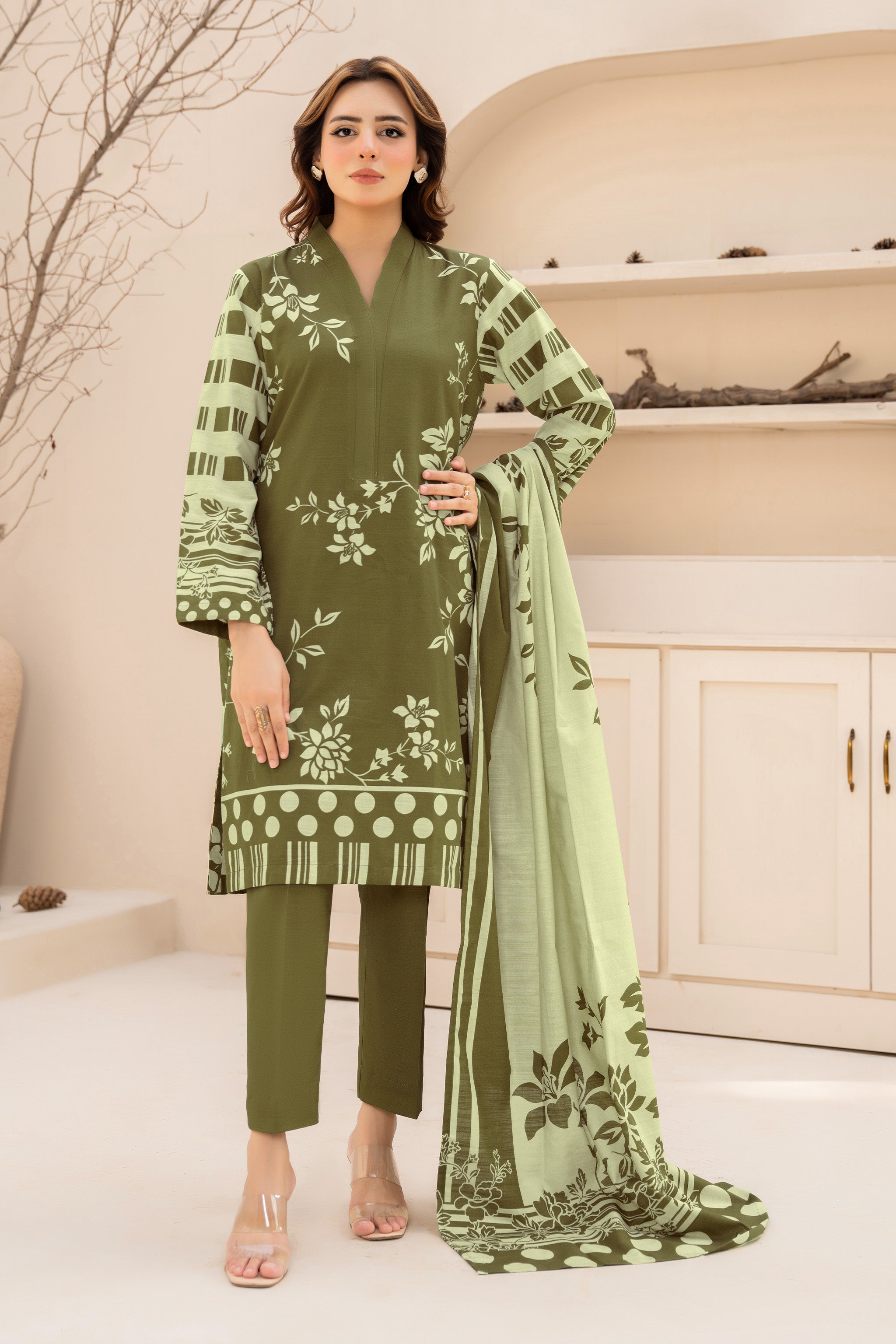 3 Piece Unstitched Olive Green Printed Khaddar - (Vol-111/10)D7 - SAFANOOOR