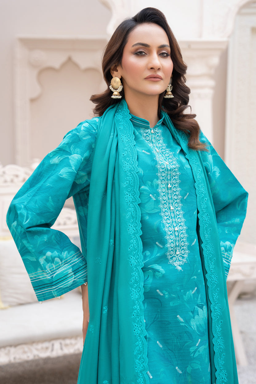 3 Piece Unstitched Olive Premium topaz blue Khaddar Main image