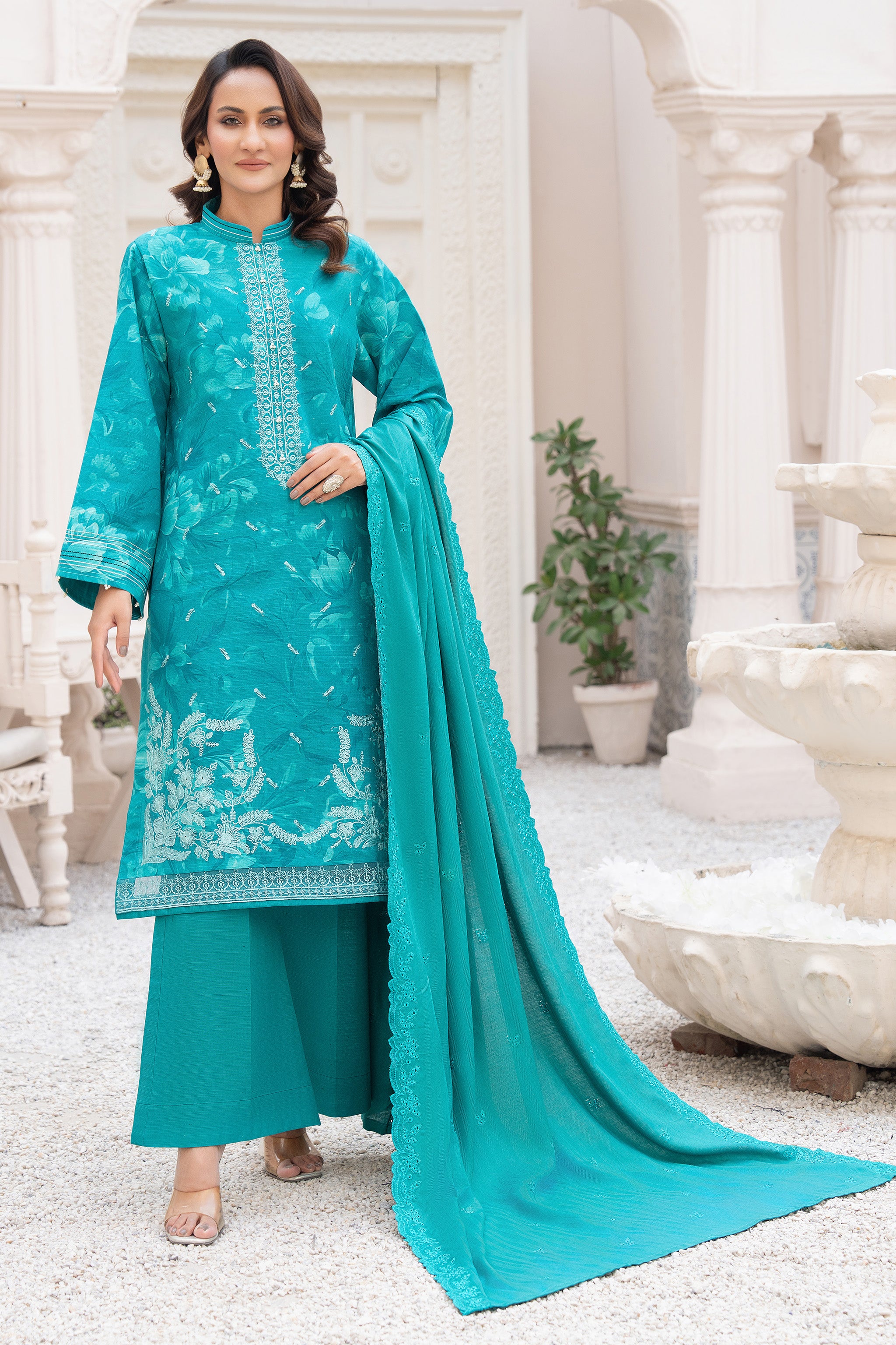 3 Piece Unstitched Olive Premium topaz blue Khaddar Secondary image