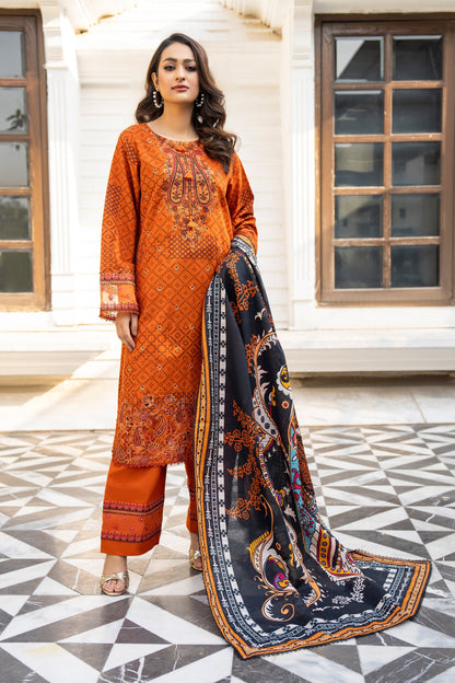 3 Piece Unstitched Orange Embroidered Khaddar - (Vol-115/08)D9 - SAFANOOOR