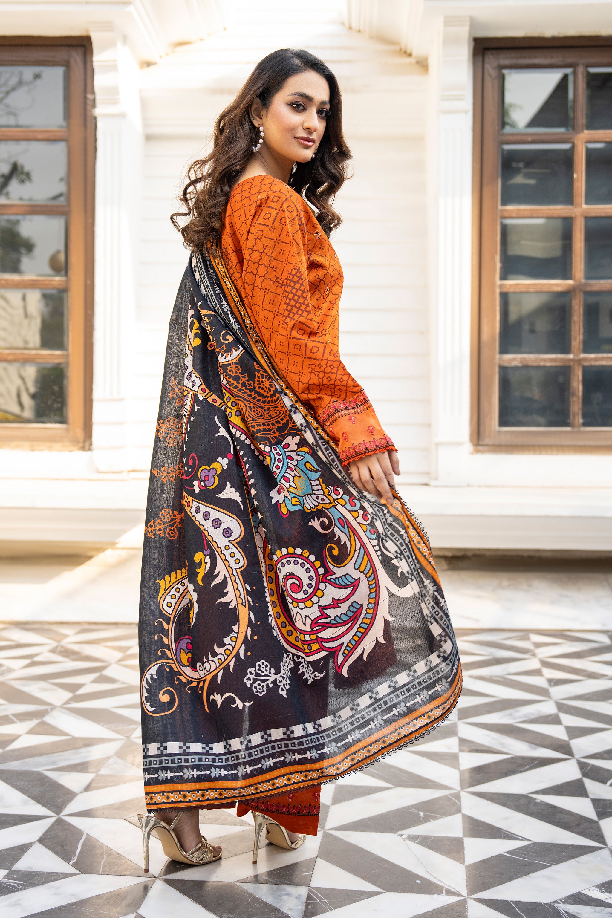 3 Piece Unstitched Orange Embroidered Khaddar - (Vol-115/08)D9 - SAFANOOOR