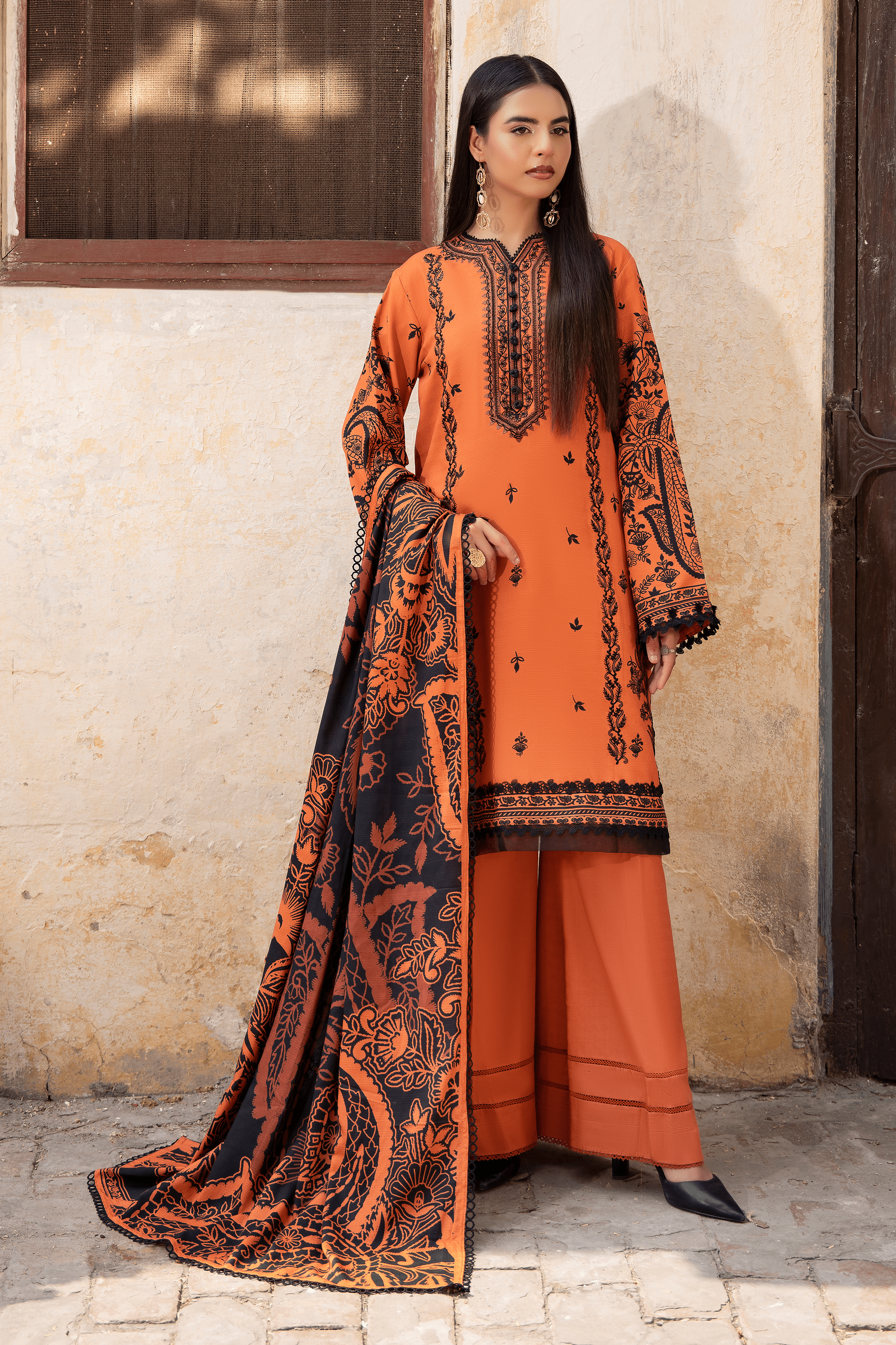 3 Piece Unstitched Orange Embroidered Linen Secondary image