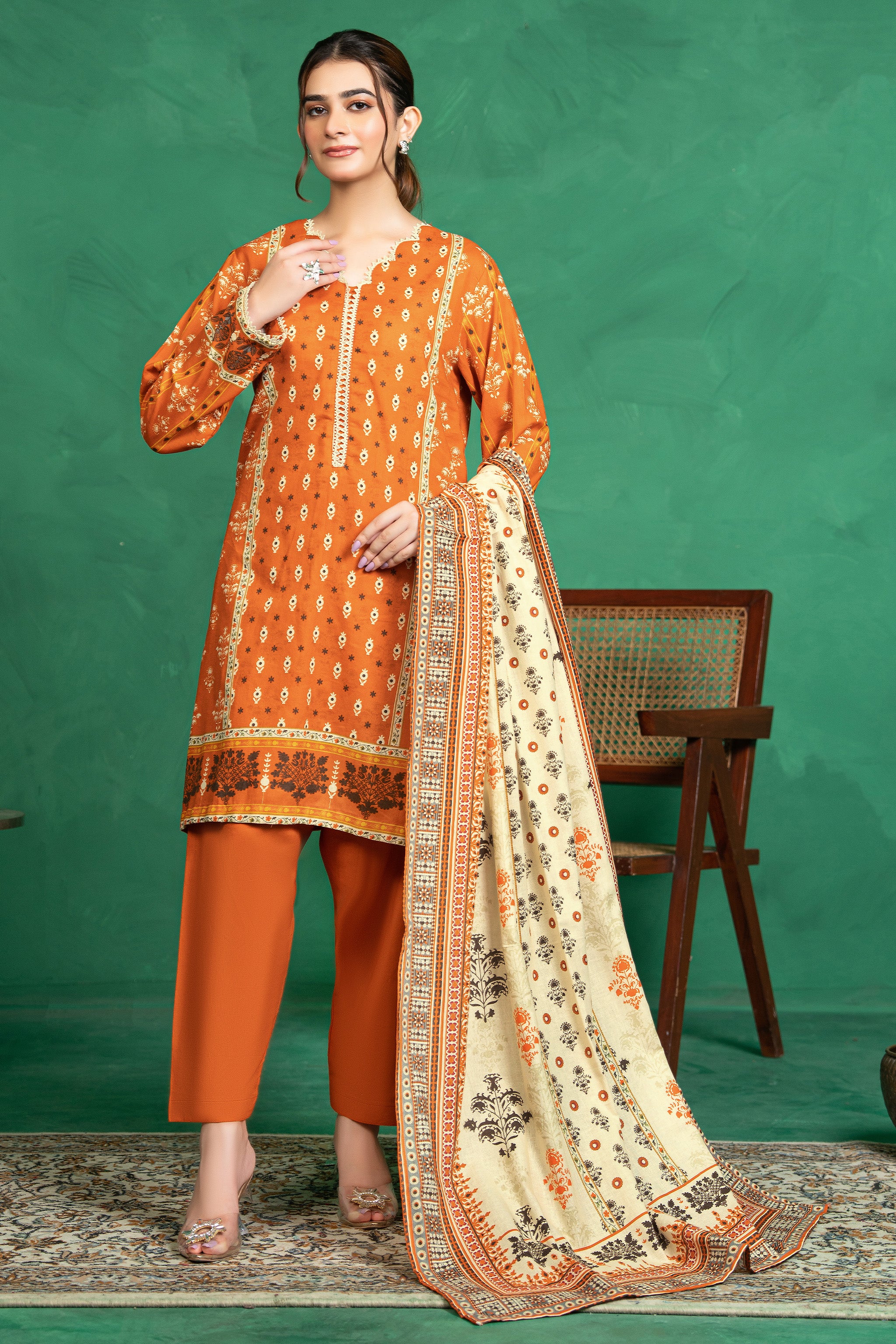 3 Piece Unstitched Orange Printed Cotton Secondary image