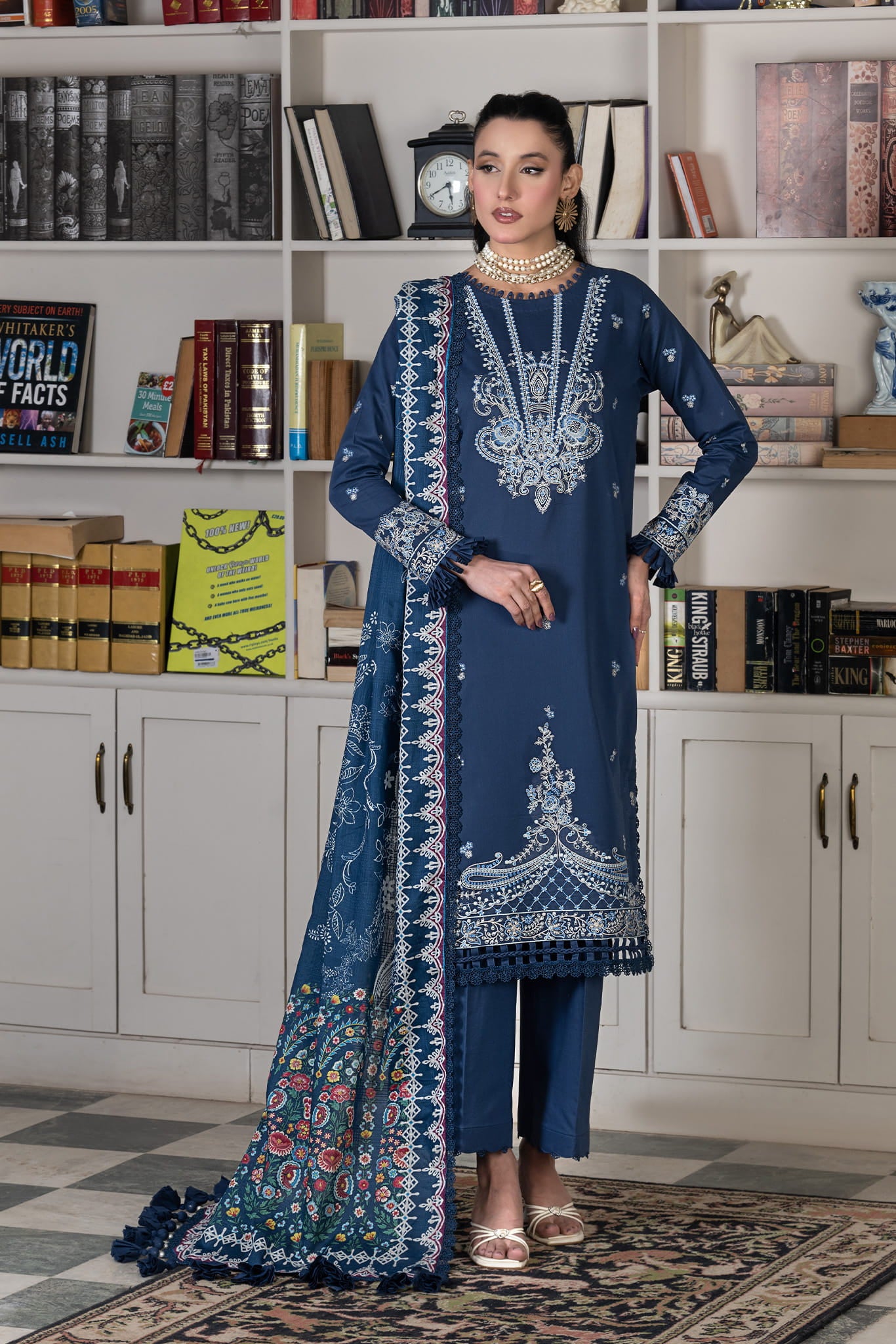 3 Piece Unstitched Oxford Blue Luxury Embroidered Lawn Suit Main image