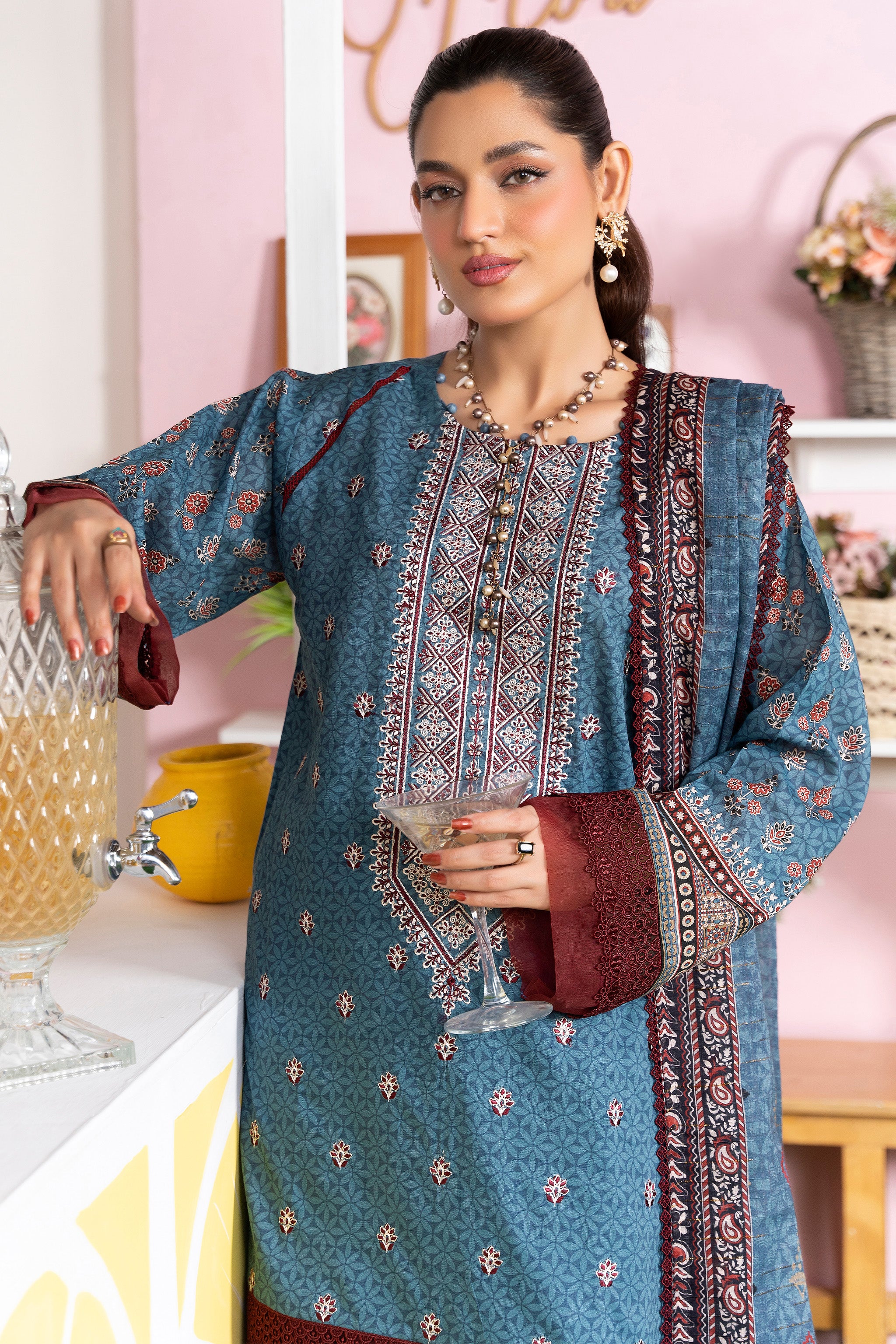 3 Piece Unstitched Oxford Blue Printed Lawn - (Vol-107/09)3P-S-25-D6 - SAFANOOR Main image