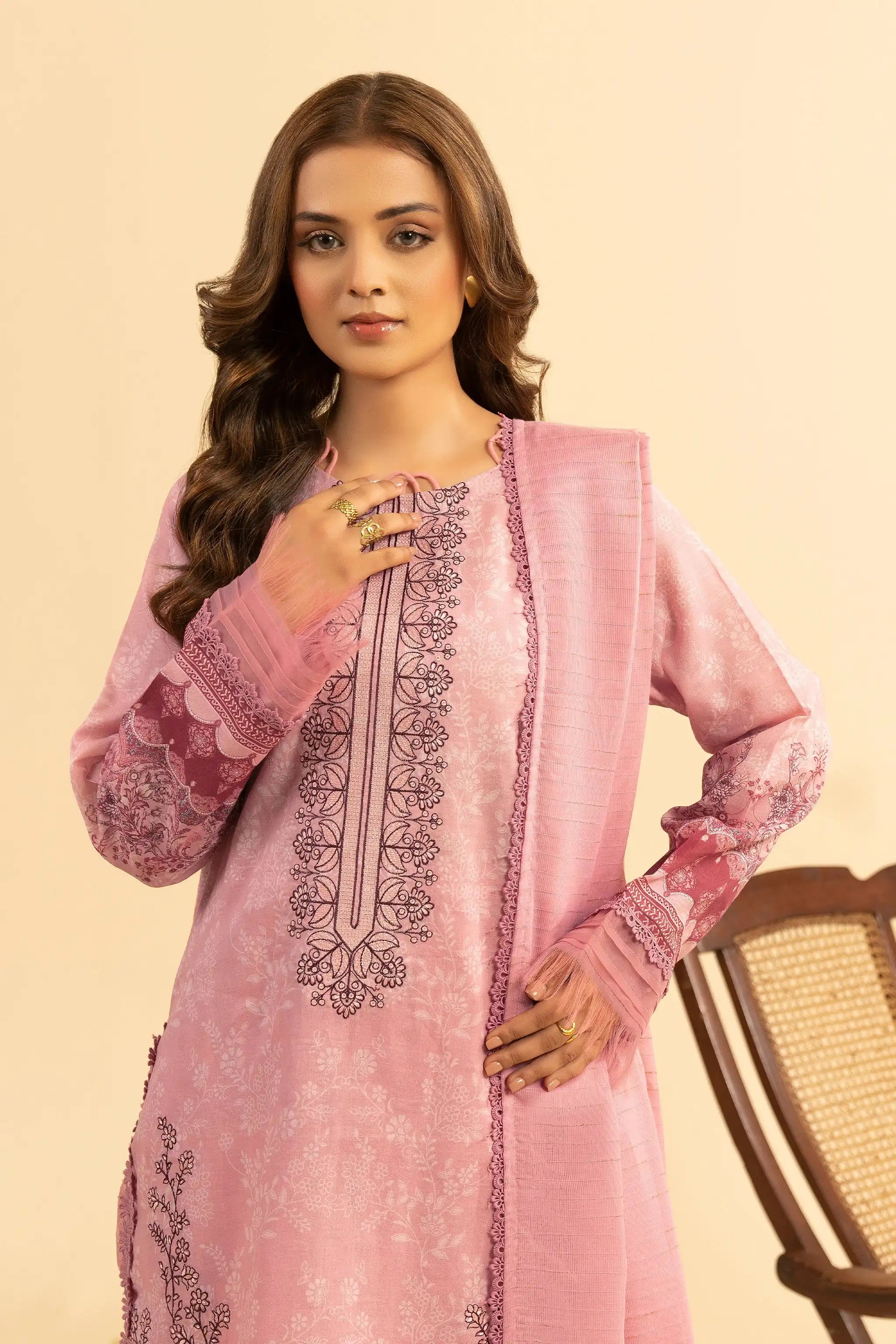 3 Piece Unstitched Pale Pink Premium Emb Jacquard Lawn Secondary image