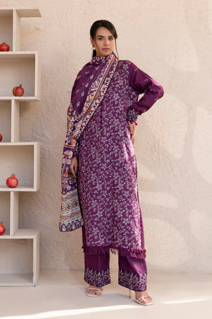 3 Piece Unstitched Pansy Purple Premium Embroidered Lawn - Safa Noor