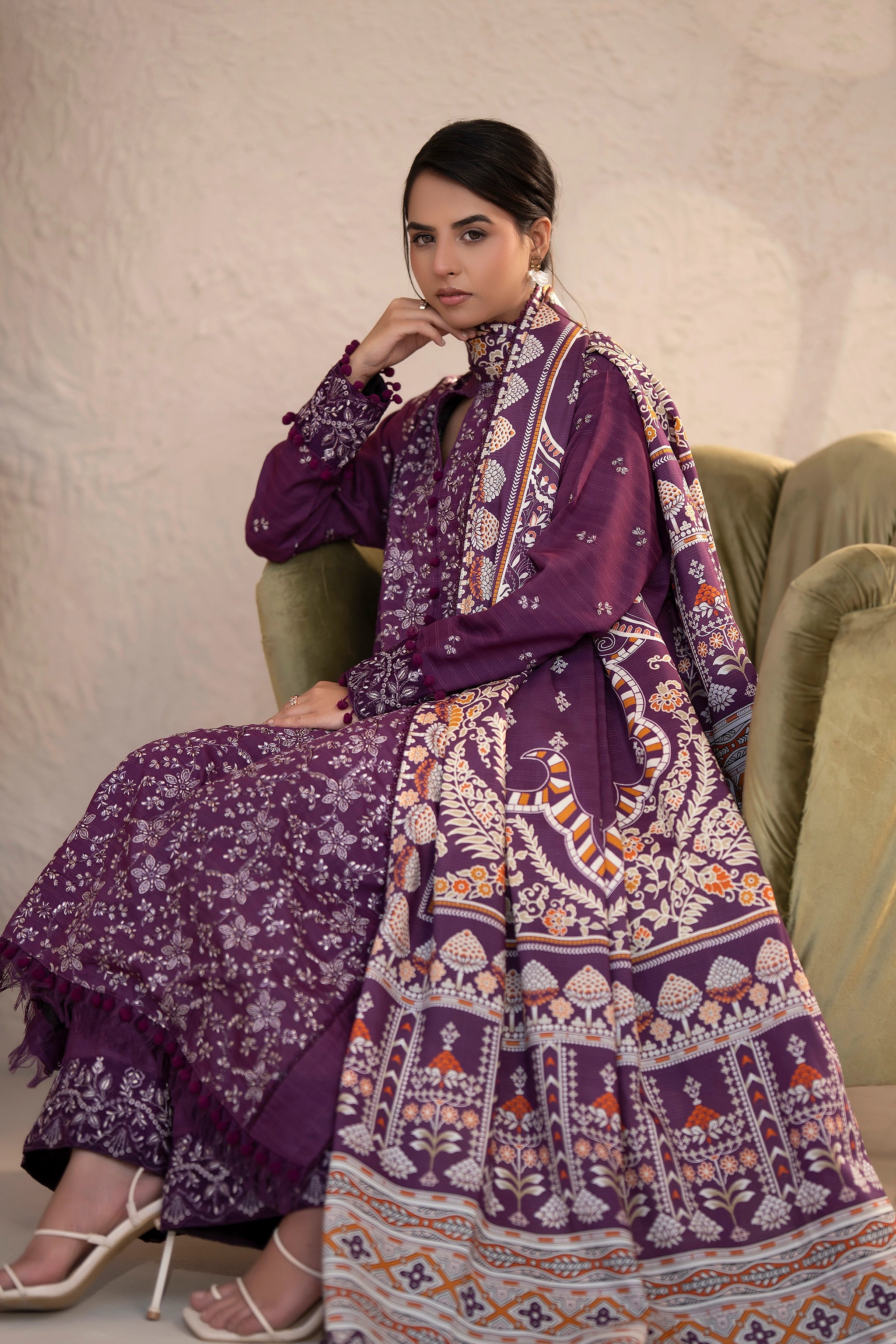 3 Piece Unstitched Pansy Purple Premium Embroidered Lawn - Safa Noor