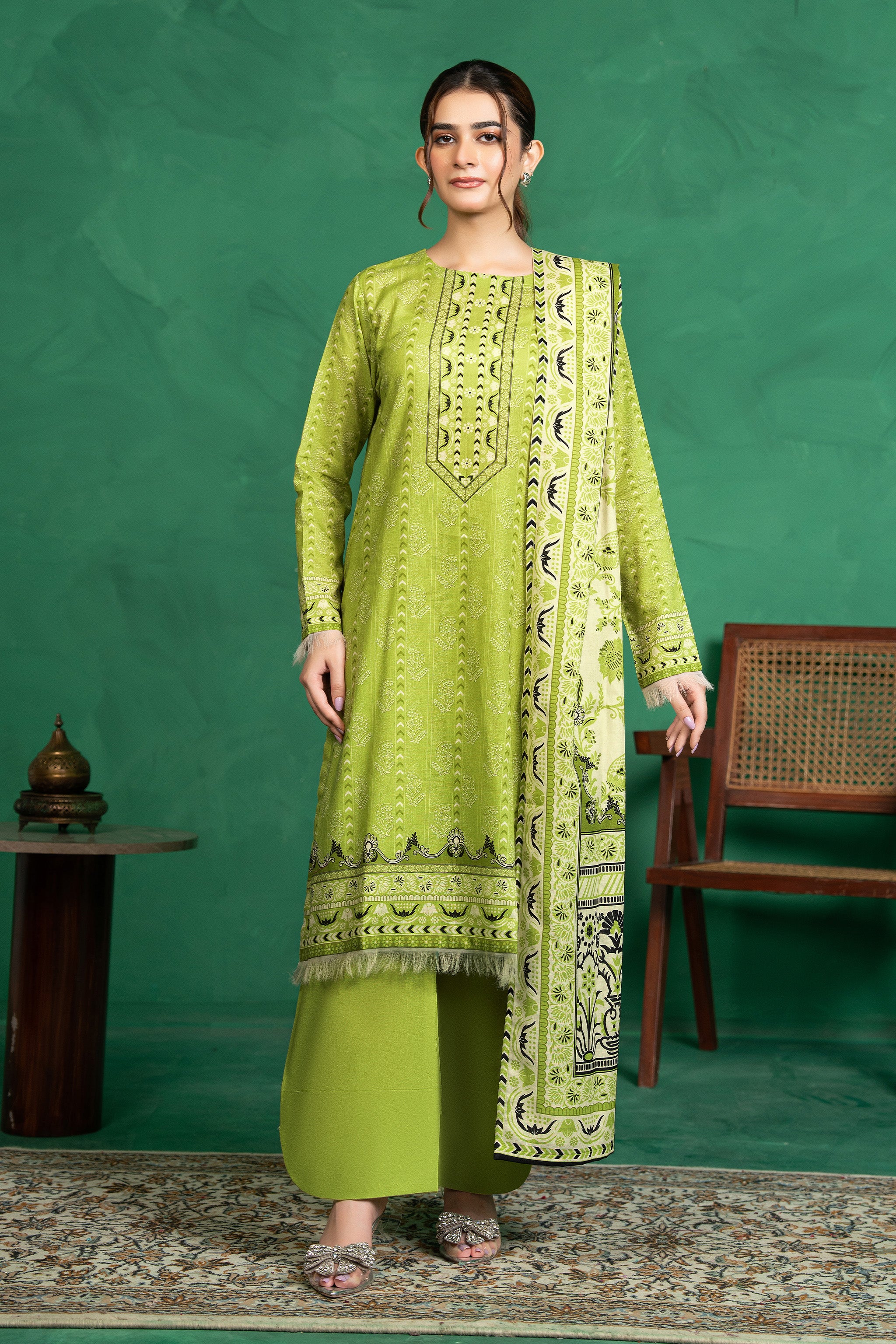 3 Piece Unstitched Parrot Green Printed Cotton Secondary image