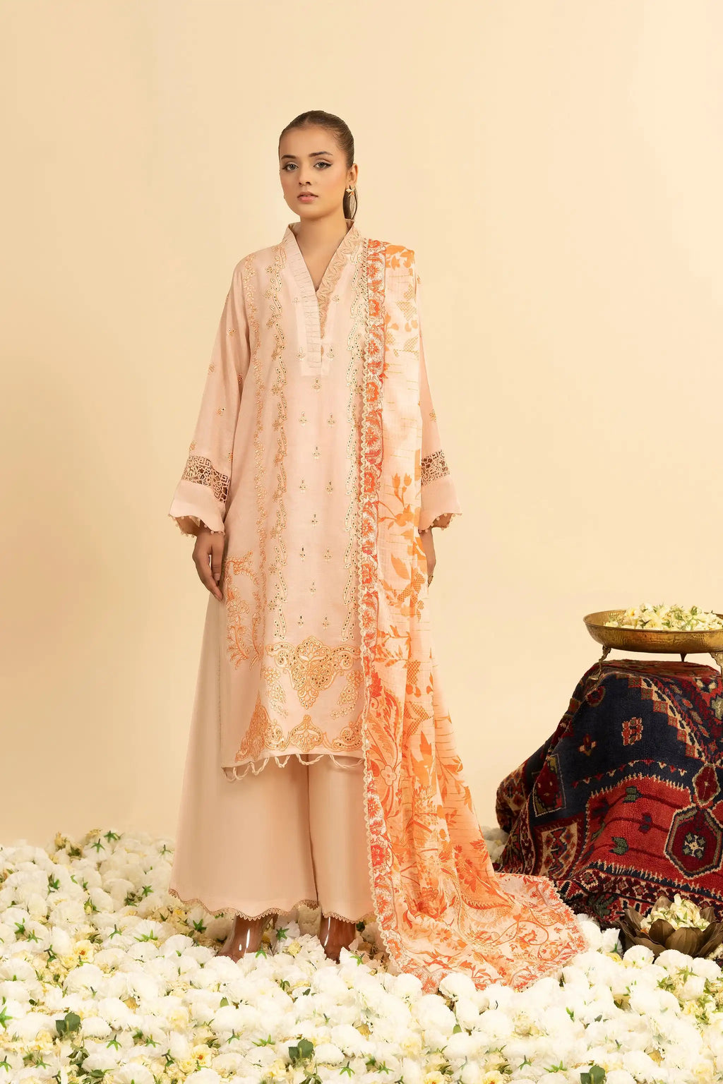 3 Piece Unstitched Peach Premium Embroidered Jacquard Lawn Suit By Safa Noor Summer 2026 Dahlia Collection