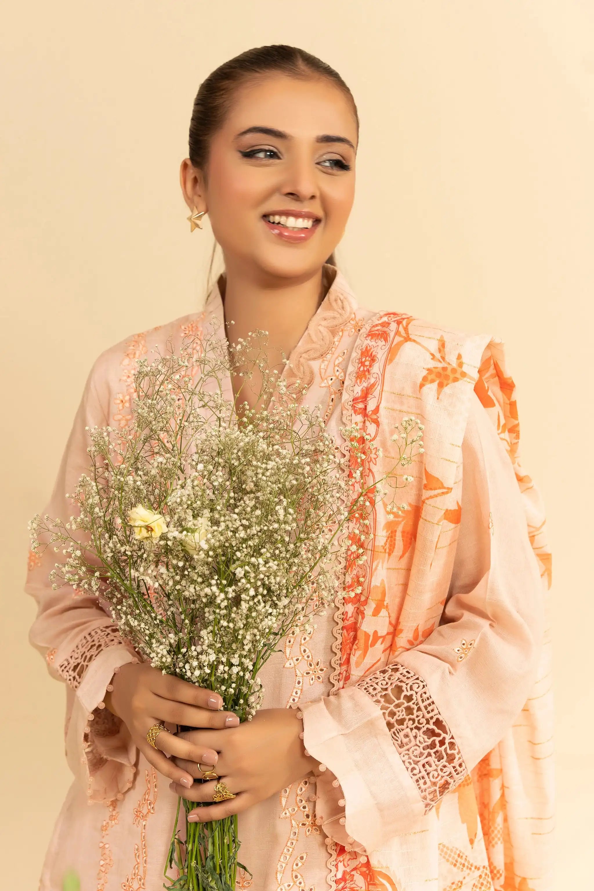 3 Piece Unstitched Peach Premium Emb Jacquard Lawn Secondary image