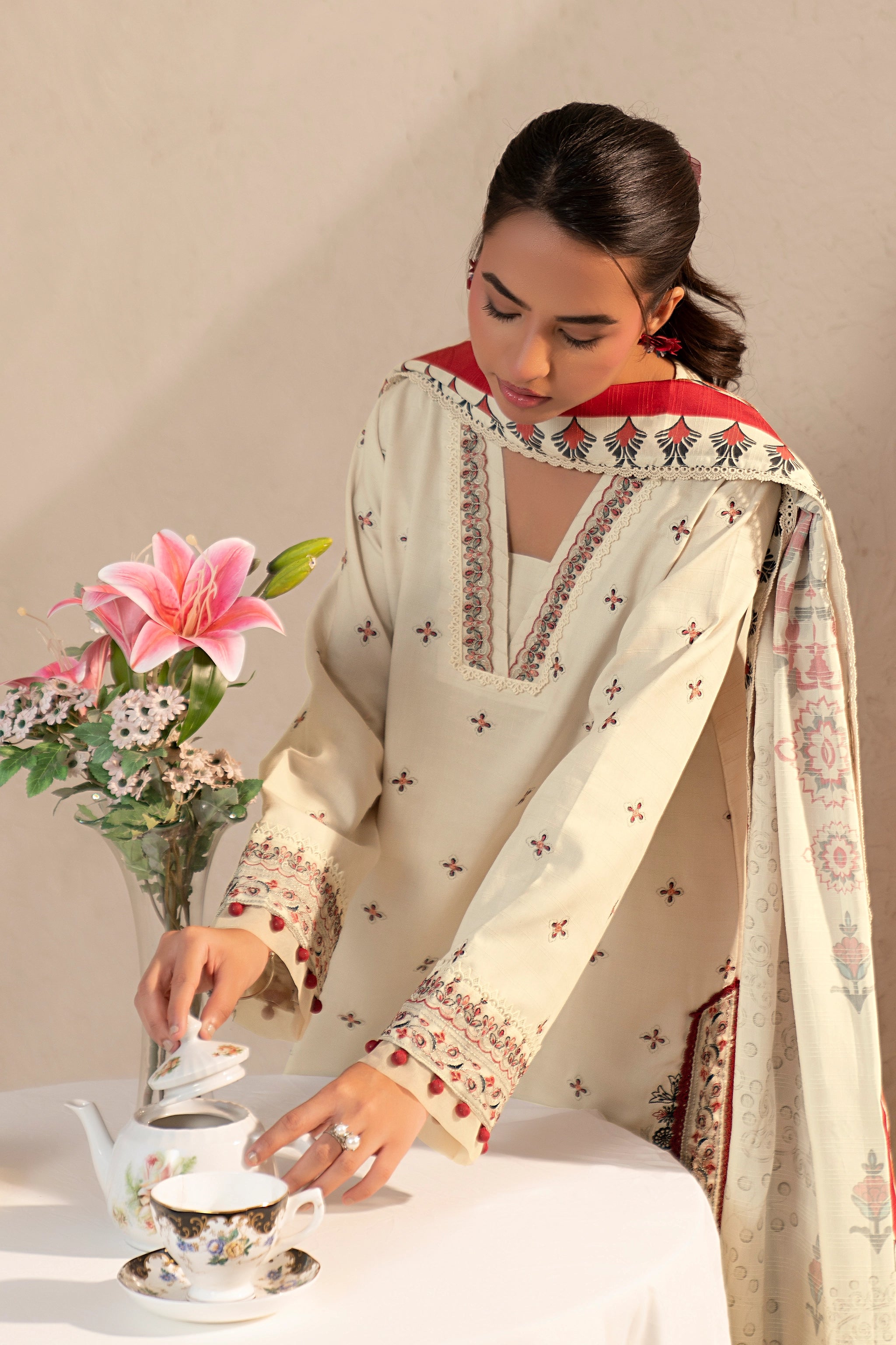 3 Piece Unstitched Antique White Premium Embroidered Lawn Secondary image