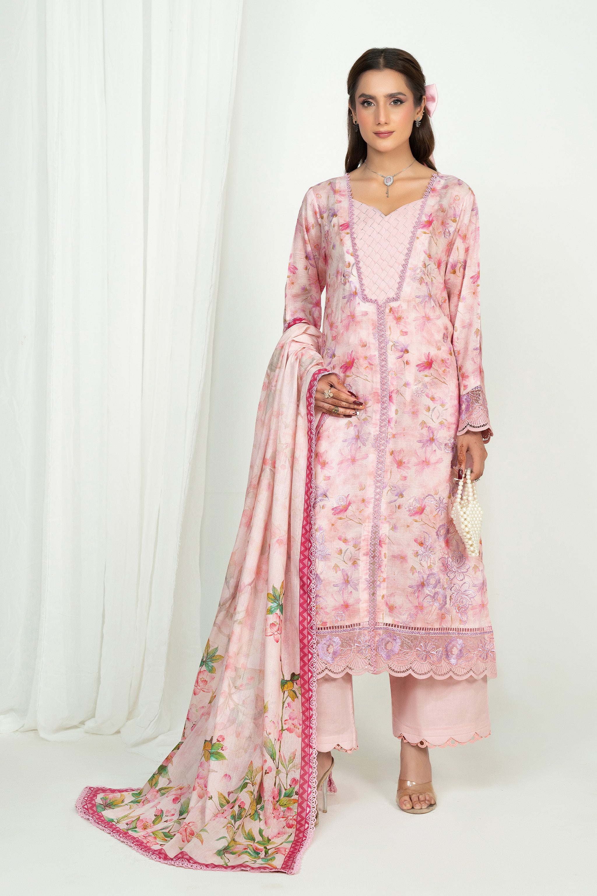 3 Piece Unstitched Pink Embroidered Lawn Secondary image
